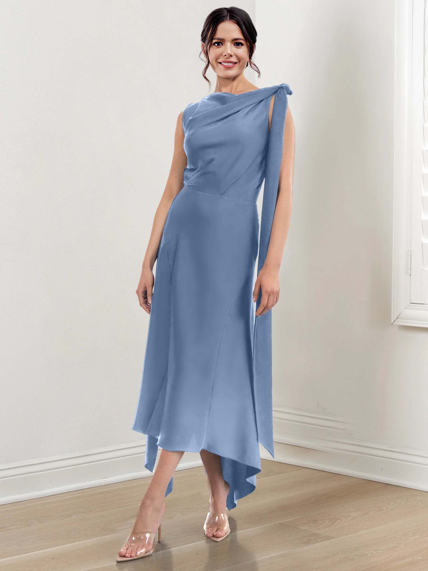 Asymmetrical Tea-Length Mother of the Bride Sheath Dress with Ruched Column Jewel Neck