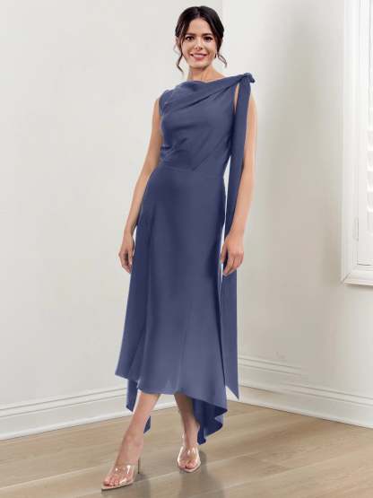 Asymmetrical Tea-Length Mother of the Bride Sheath Dress with Ruched Column Jewel Neck