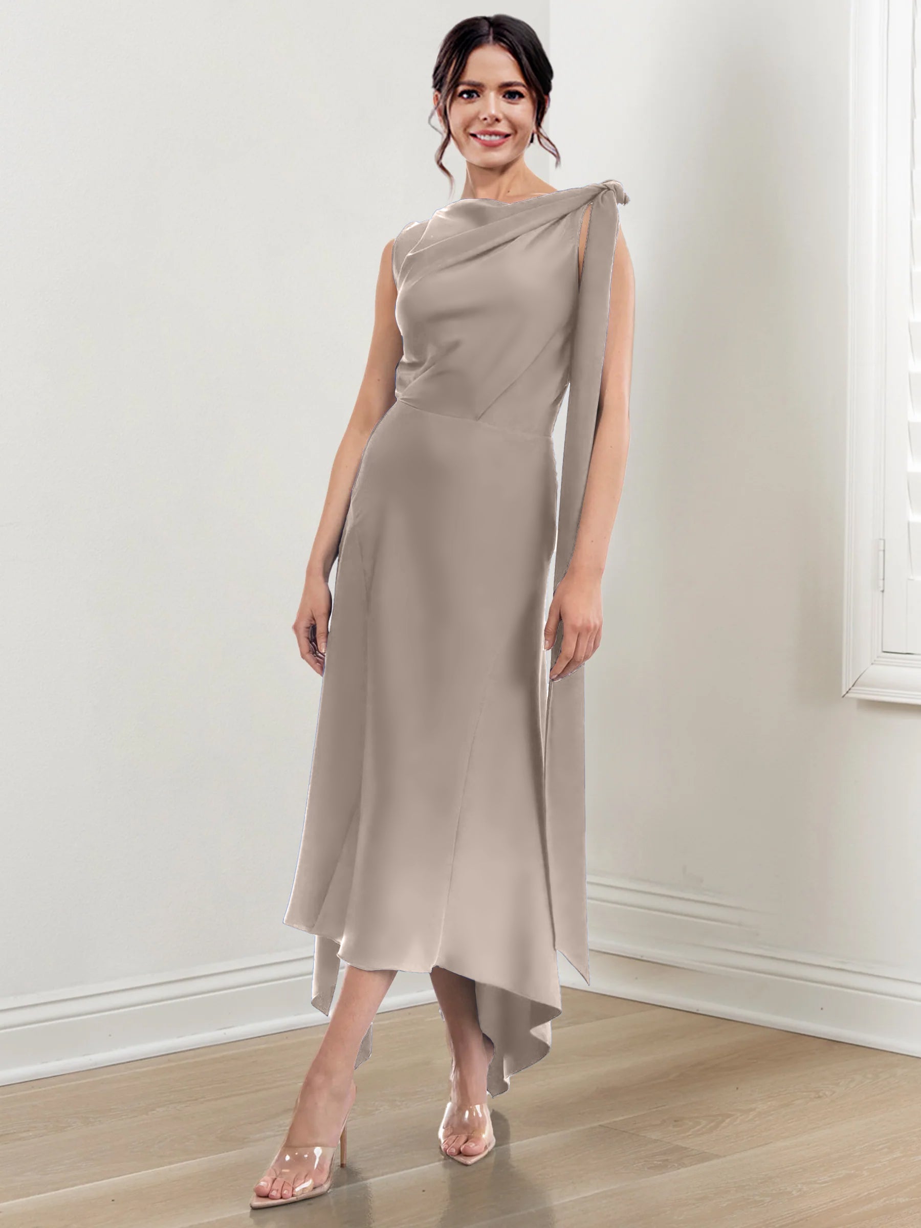 Asymmetrical Tea-Length Mother of the Bride Sheath Dress with Ruched Column Jewel Neck