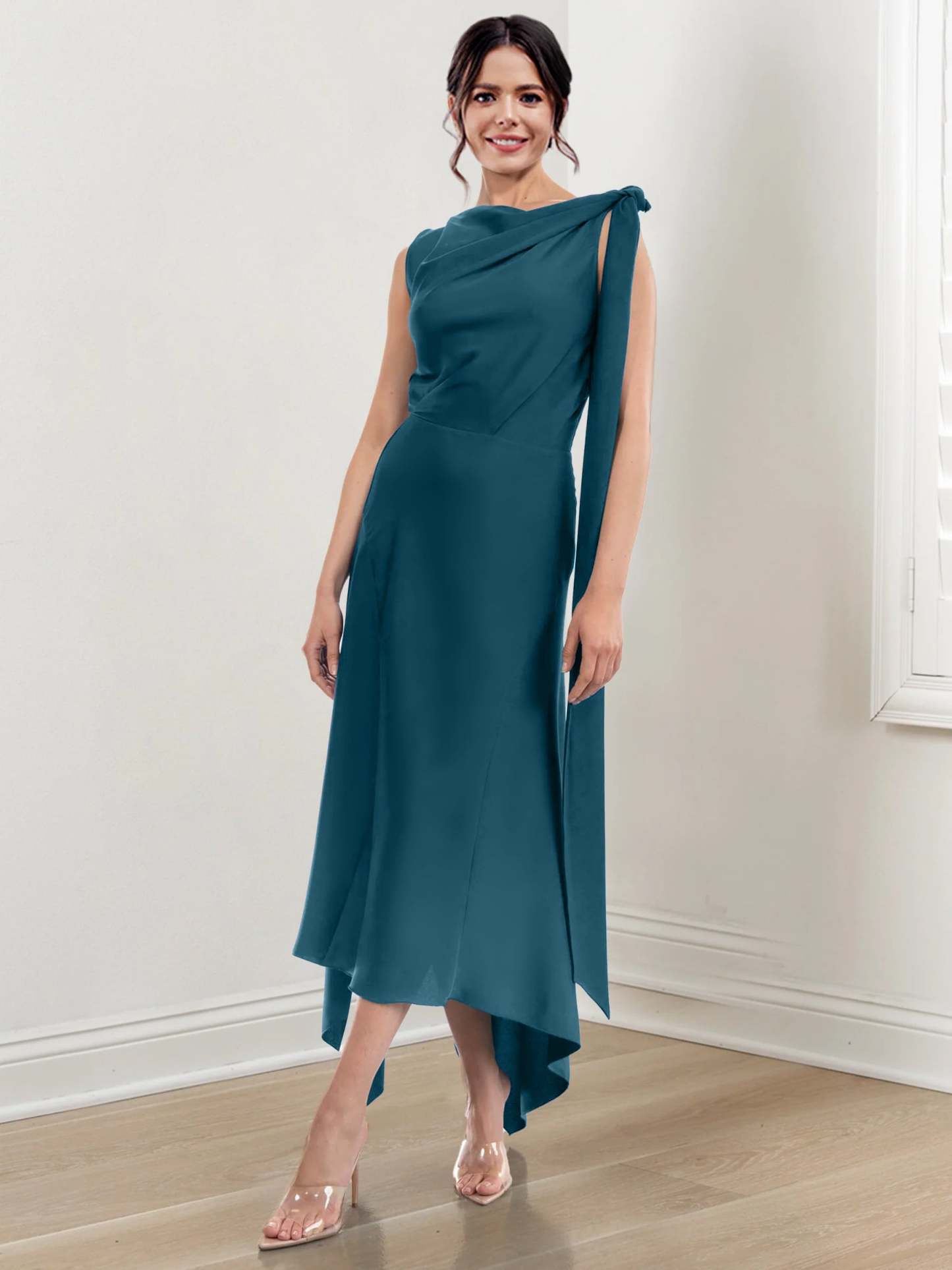 Asymmetrical Tea-Length Mother of the Bride Sheath Dress with Ruched Column Jewel Neck