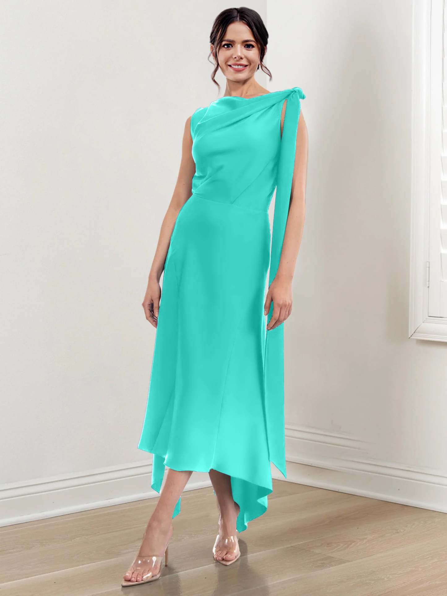 Asymmetrical Tea-Length Mother of the Bride Sheath Dress with Ruched Column Jewel Neck
