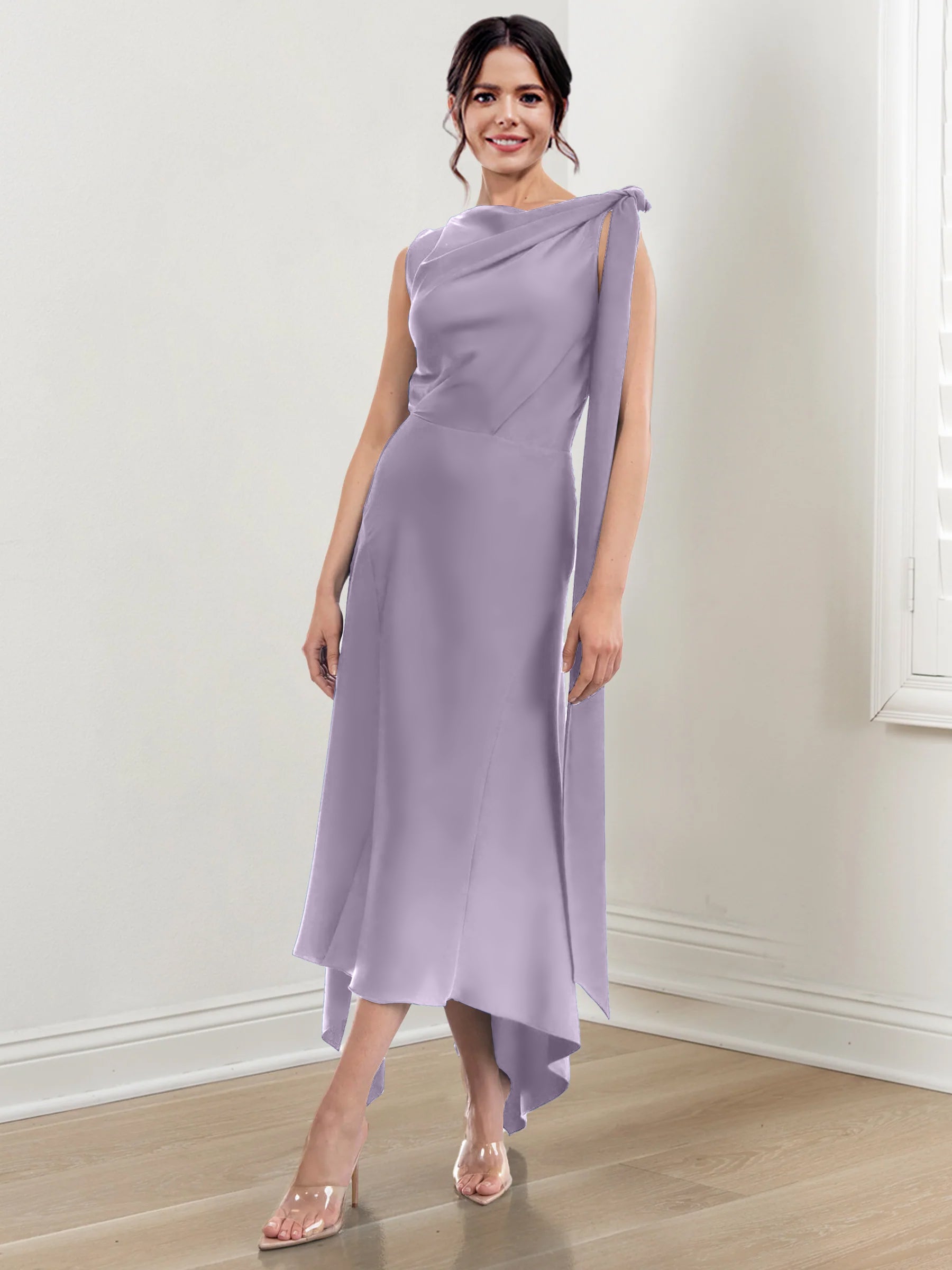 Asymmetrical Tea-Length Mother of the Bride Sheath Dress with Ruched Column Jewel Neck
