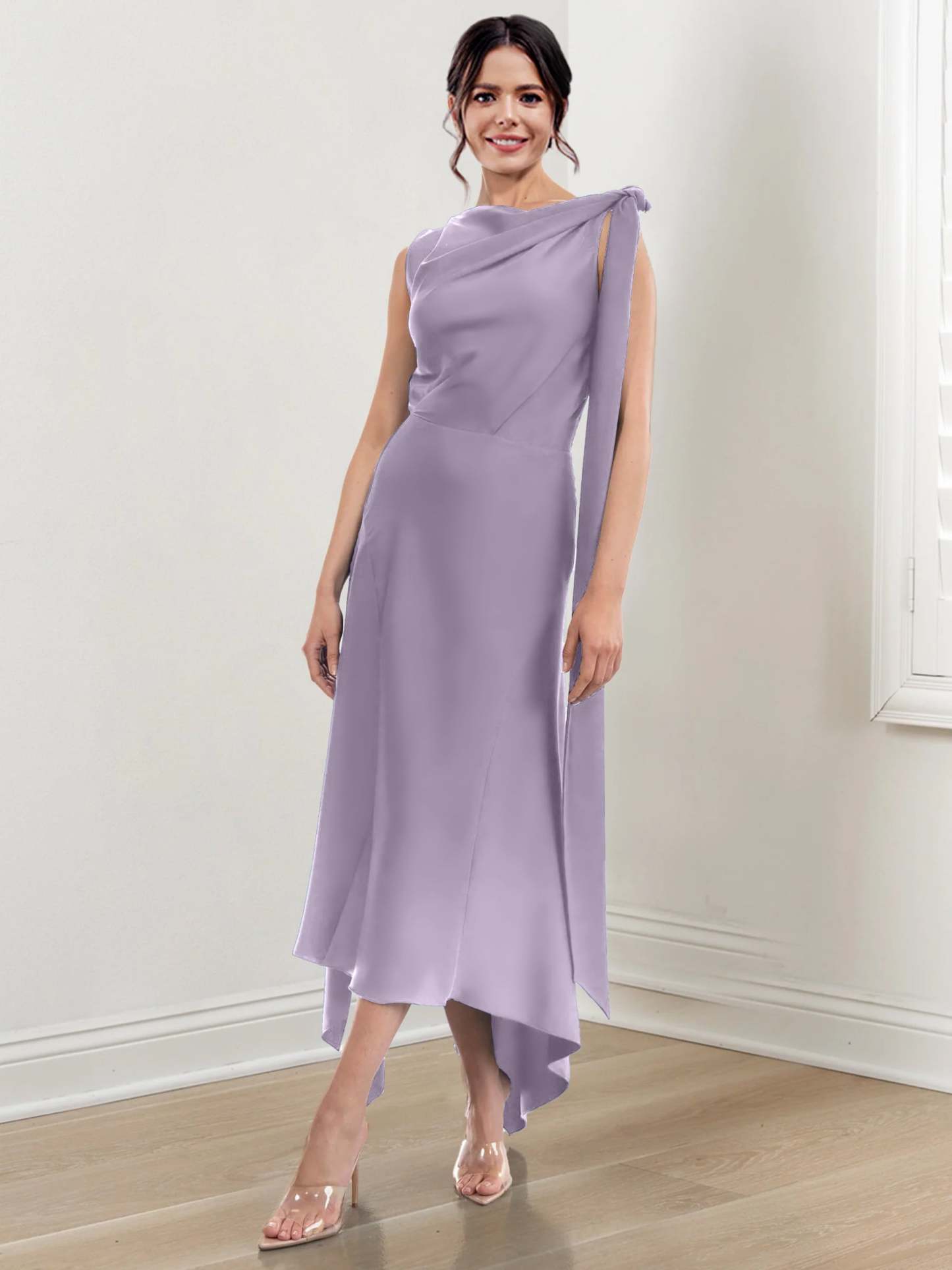 Asymmetrical Tea-Length Mother of the Bride Sheath Dress with Ruched Column Jewel Neck