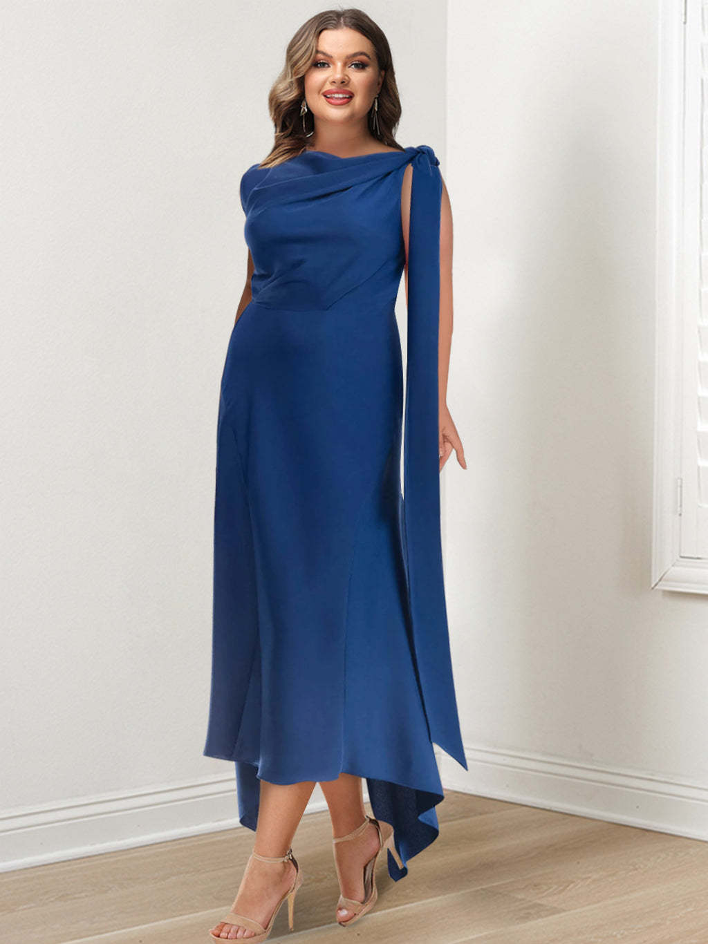 Asymmetrical Tea-Length Plus Size Mother of the Bride Sheath Dress with Ruched Details