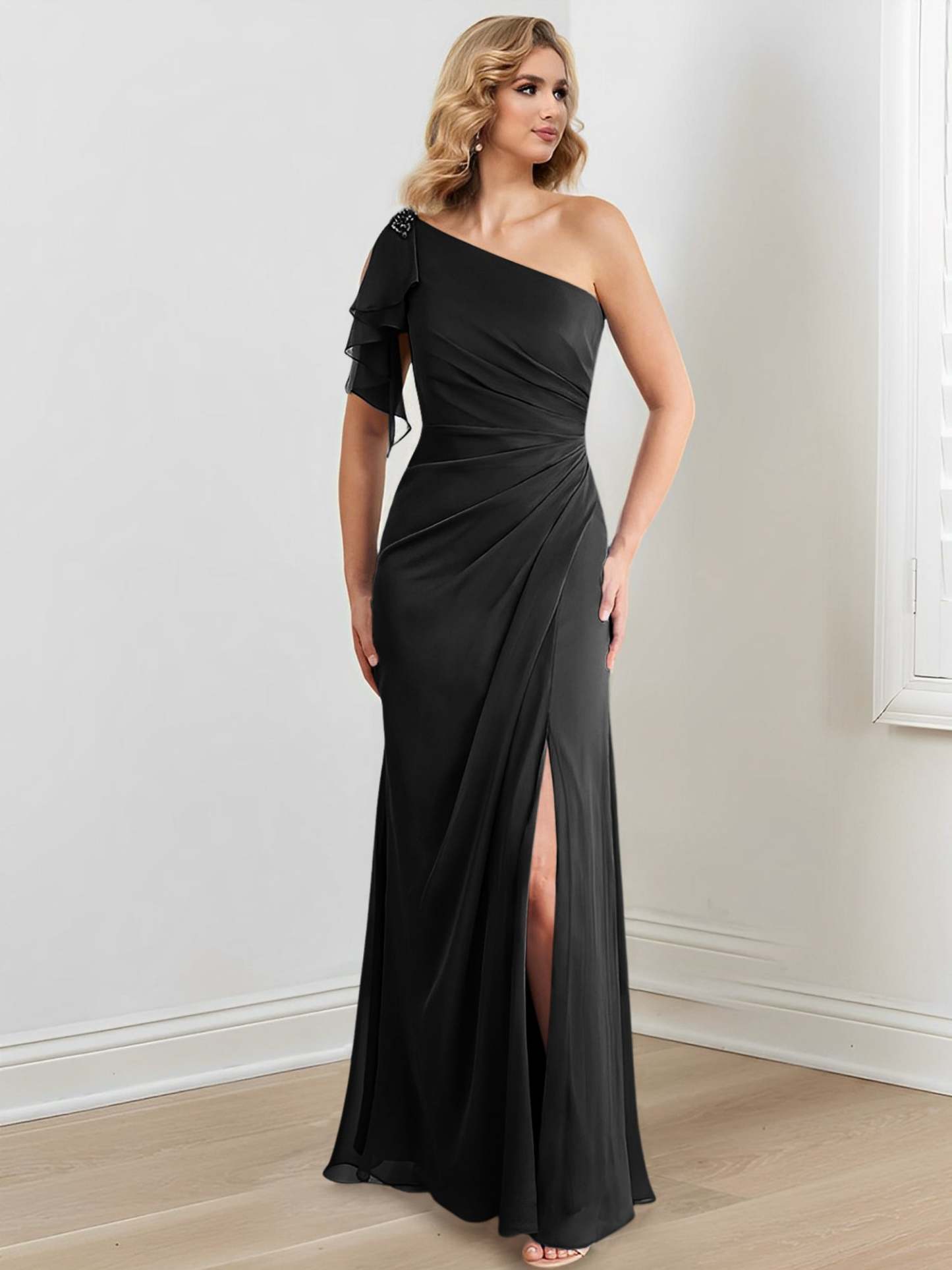 One-Shoulder Floor-Length Sheath/Column Gown for the Mother of the Bride
