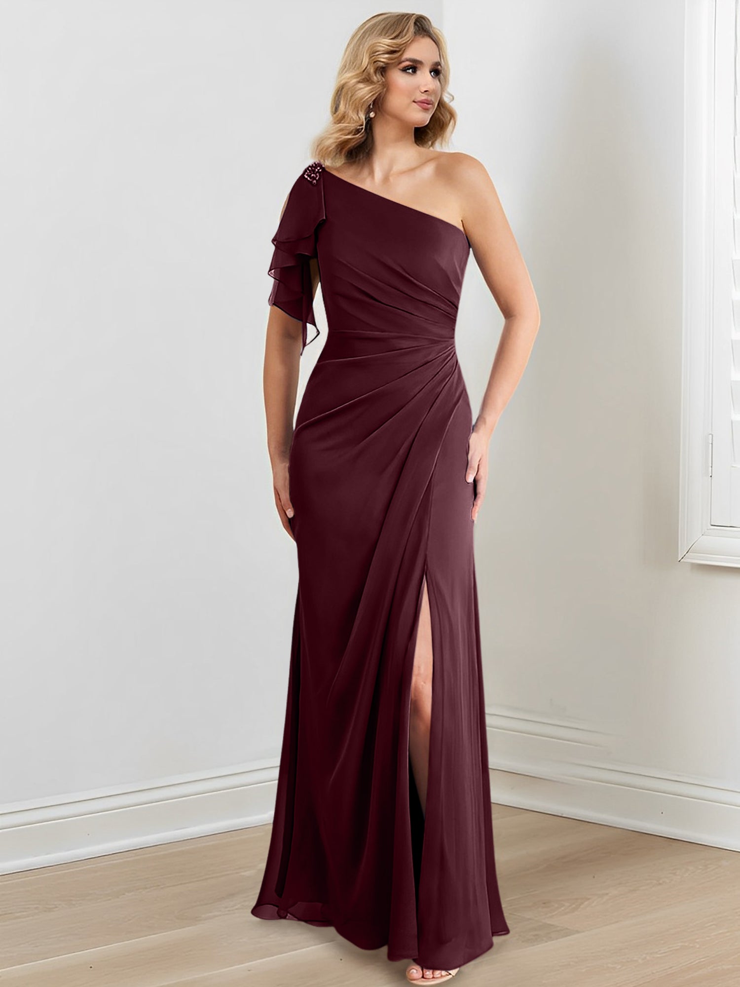 One-Shoulder Floor-Length Sheath/Column Gown for the Mother of the Bride