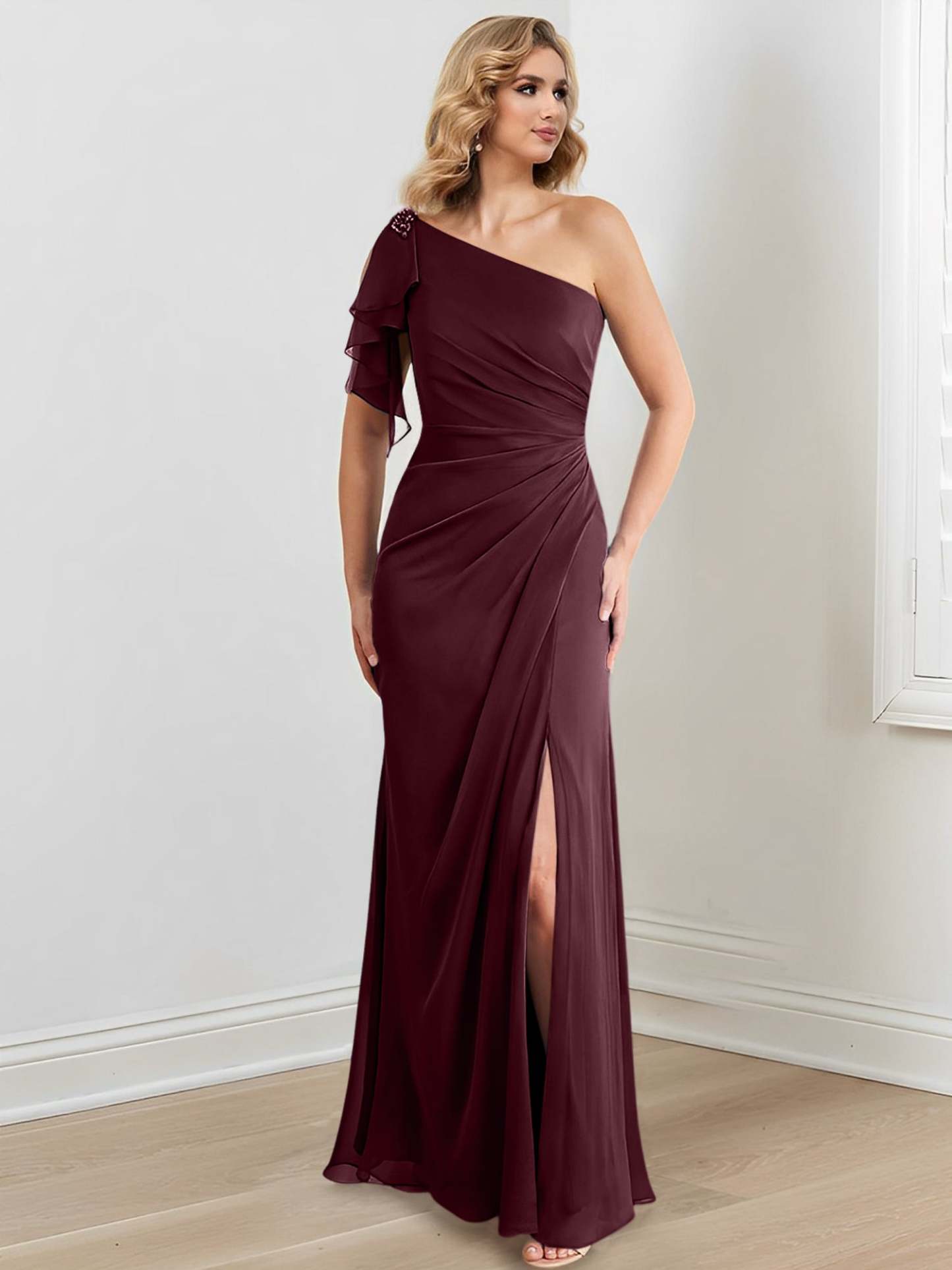 One-Shoulder Floor-Length Sheath/Column Gown for the Mother of the Bride