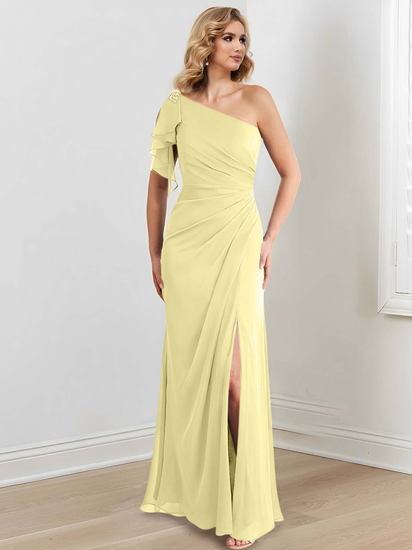 One-Shoulder Floor-Length Sheath/Column Gown for the Mother of the Bride