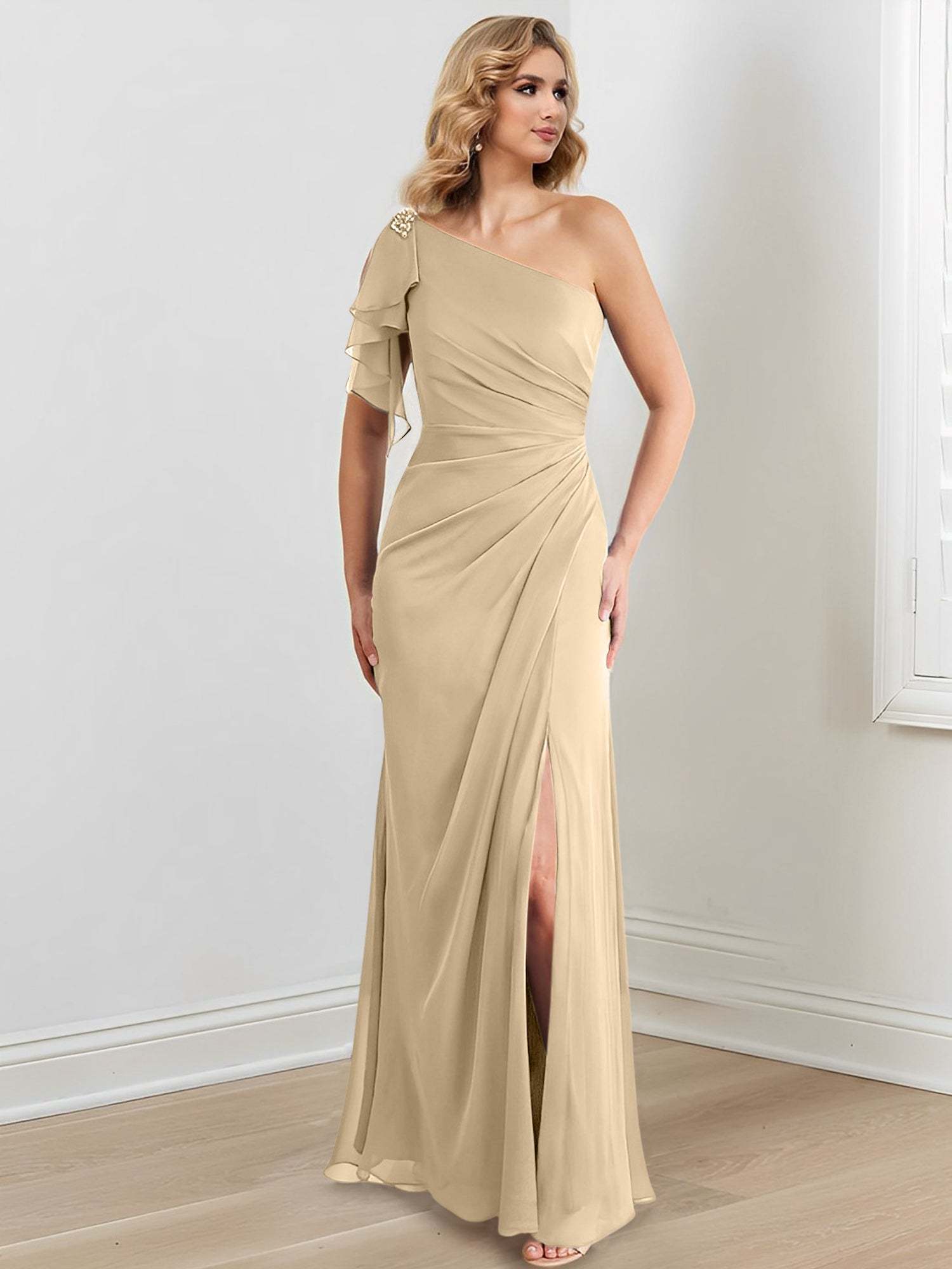 One-Shoulder Floor-Length Sheath/Column Gown for the Mother of the Bride