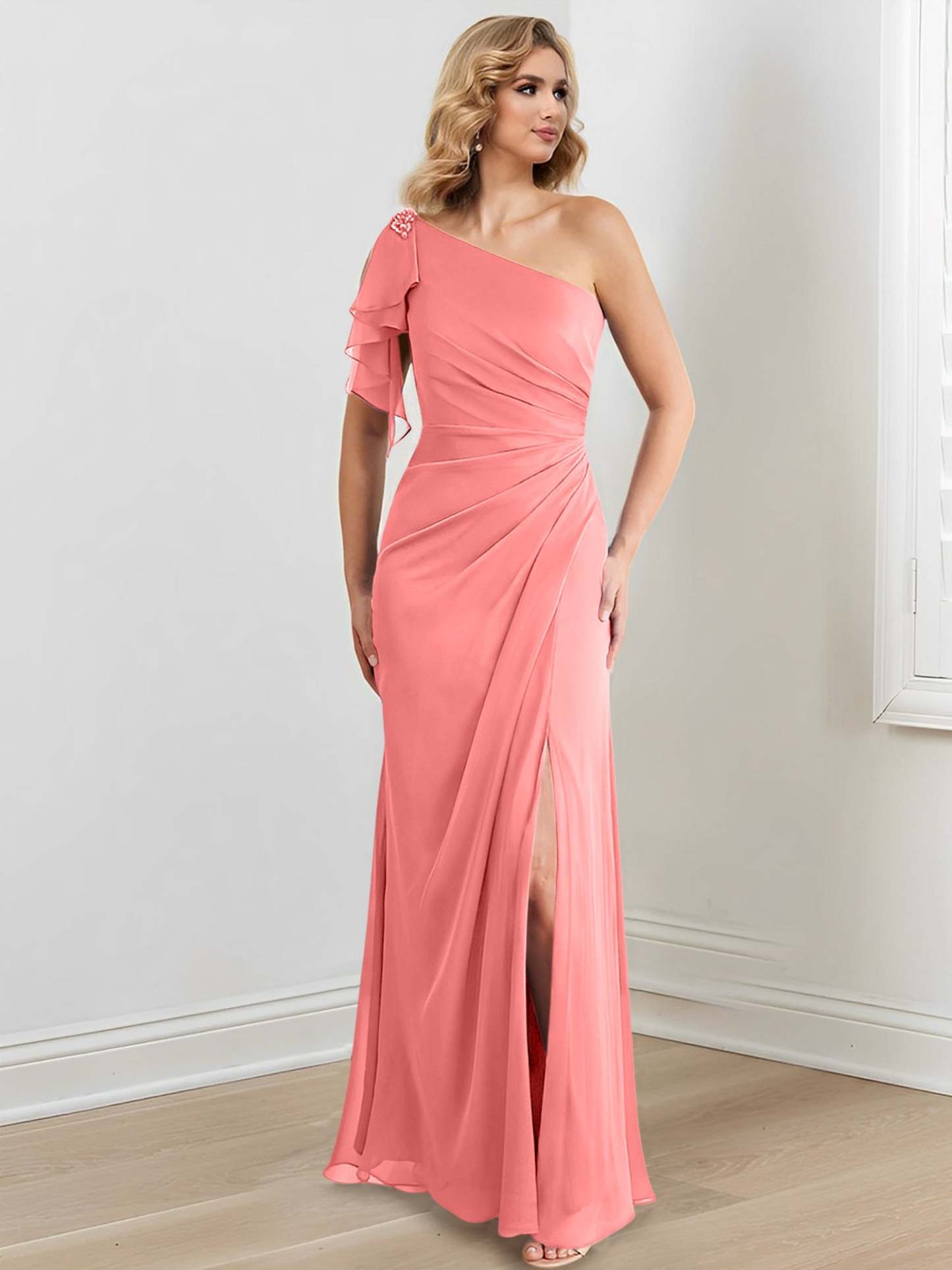 One-Shoulder Floor-Length Sheath/Column Gown for the Mother of the Bride