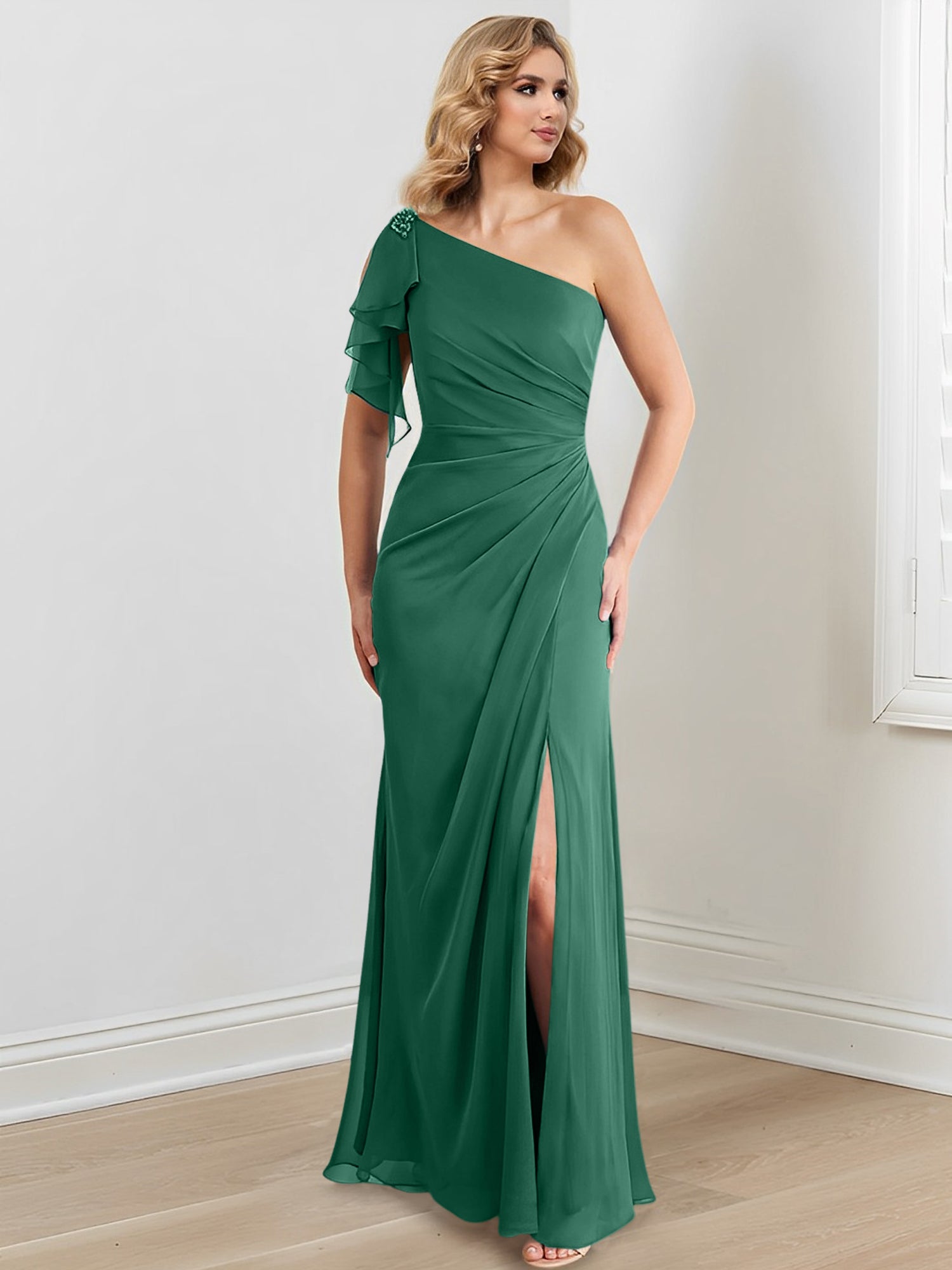 One-Shoulder Floor-Length Sheath/Column Gown for the Mother of the Bride