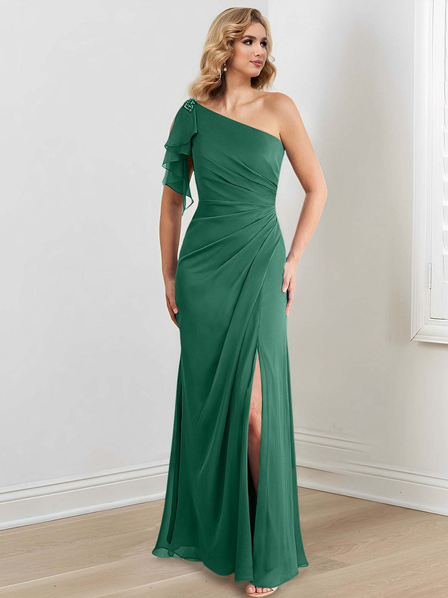 One-Shoulder Floor-Length Sheath/Column Gown for the Mother of the Bride