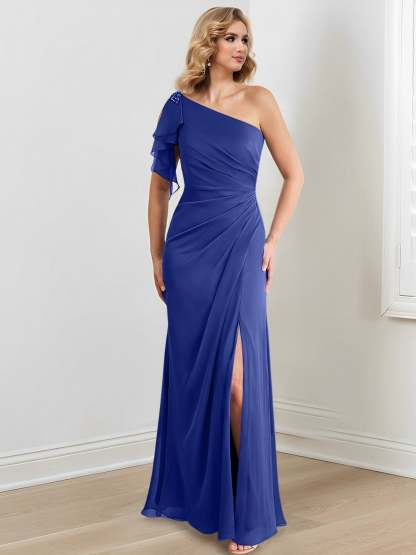 One-Shoulder Floor-Length Sheath/Column Gown for the Mother of the Bride