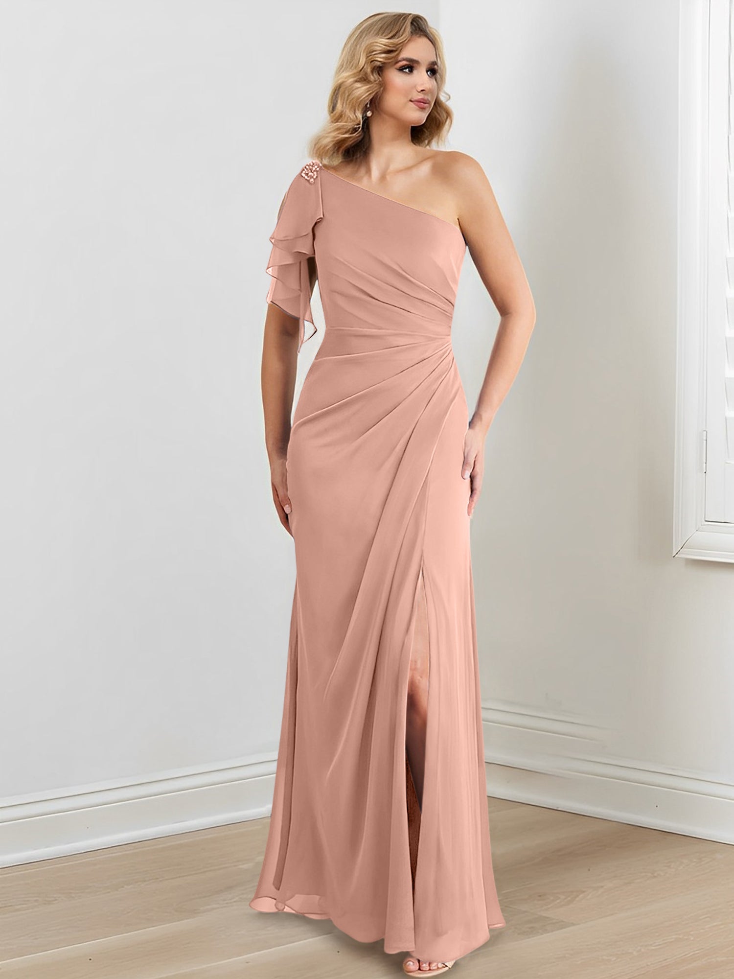 One-Shoulder Floor-Length Sheath/Column Gown for the Mother of the Bride