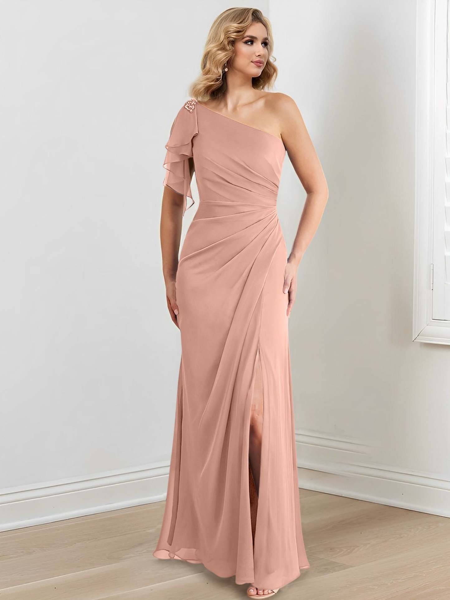 One-Shoulder Floor-Length Sheath/Column Gown for the Mother of the Bride