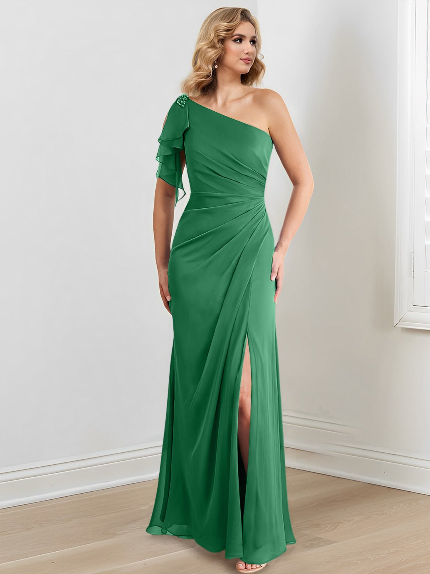 One-Shoulder Floor-Length Sheath/Column Gown for the Mother of the Bride