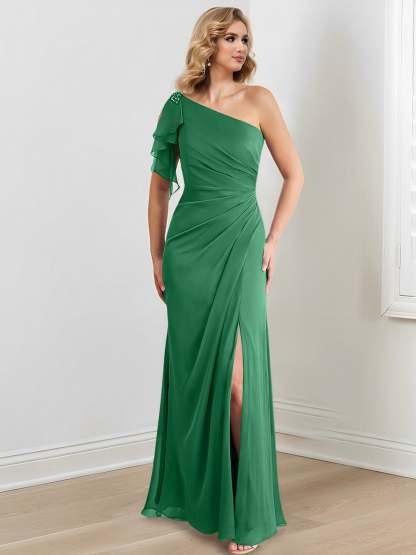 One-Shoulder Floor-Length Sheath/Column Gown for the Mother of the Bride
