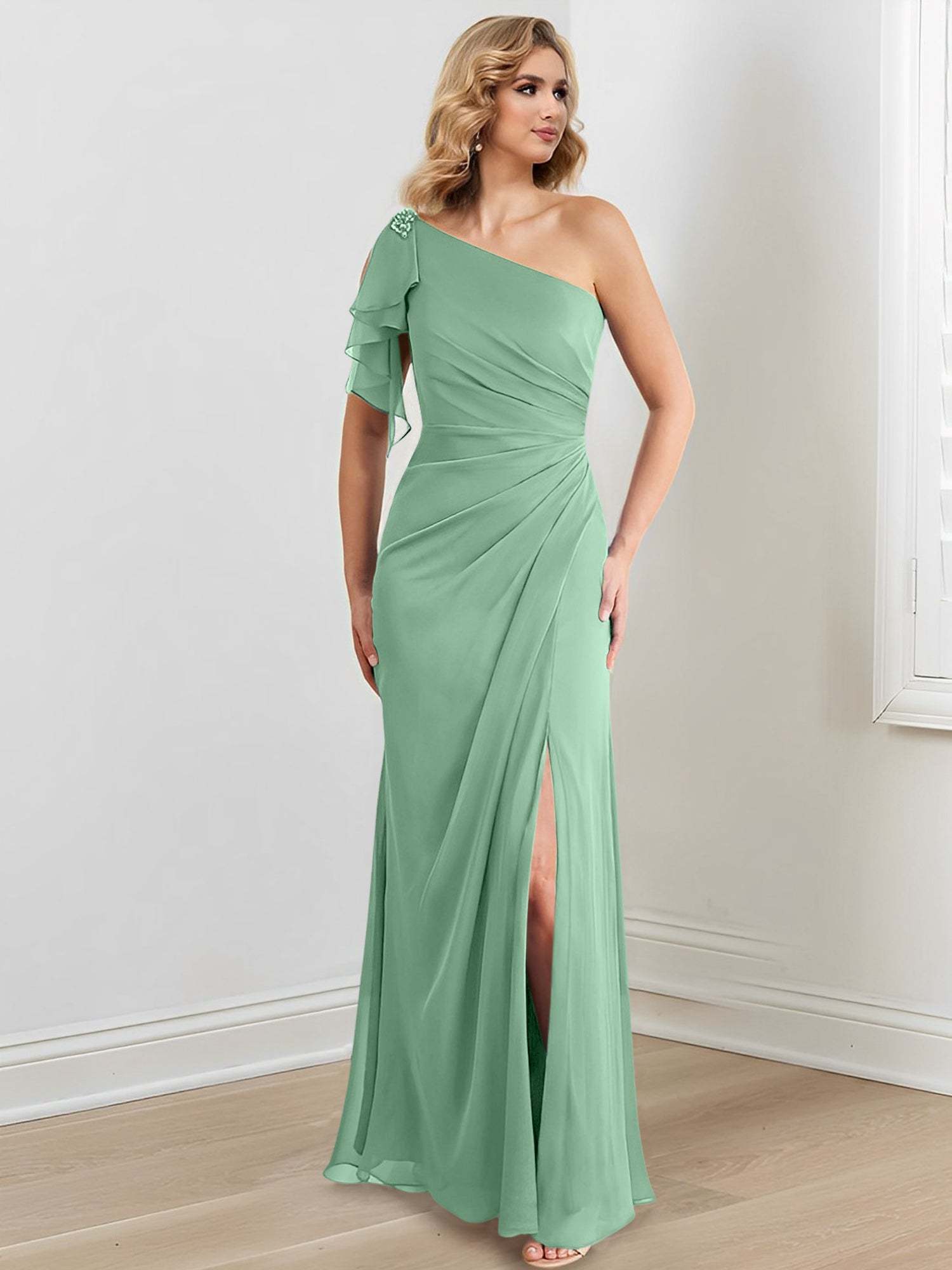 One-Shoulder Floor-Length Sheath/Column Gown for the Mother of the Bride