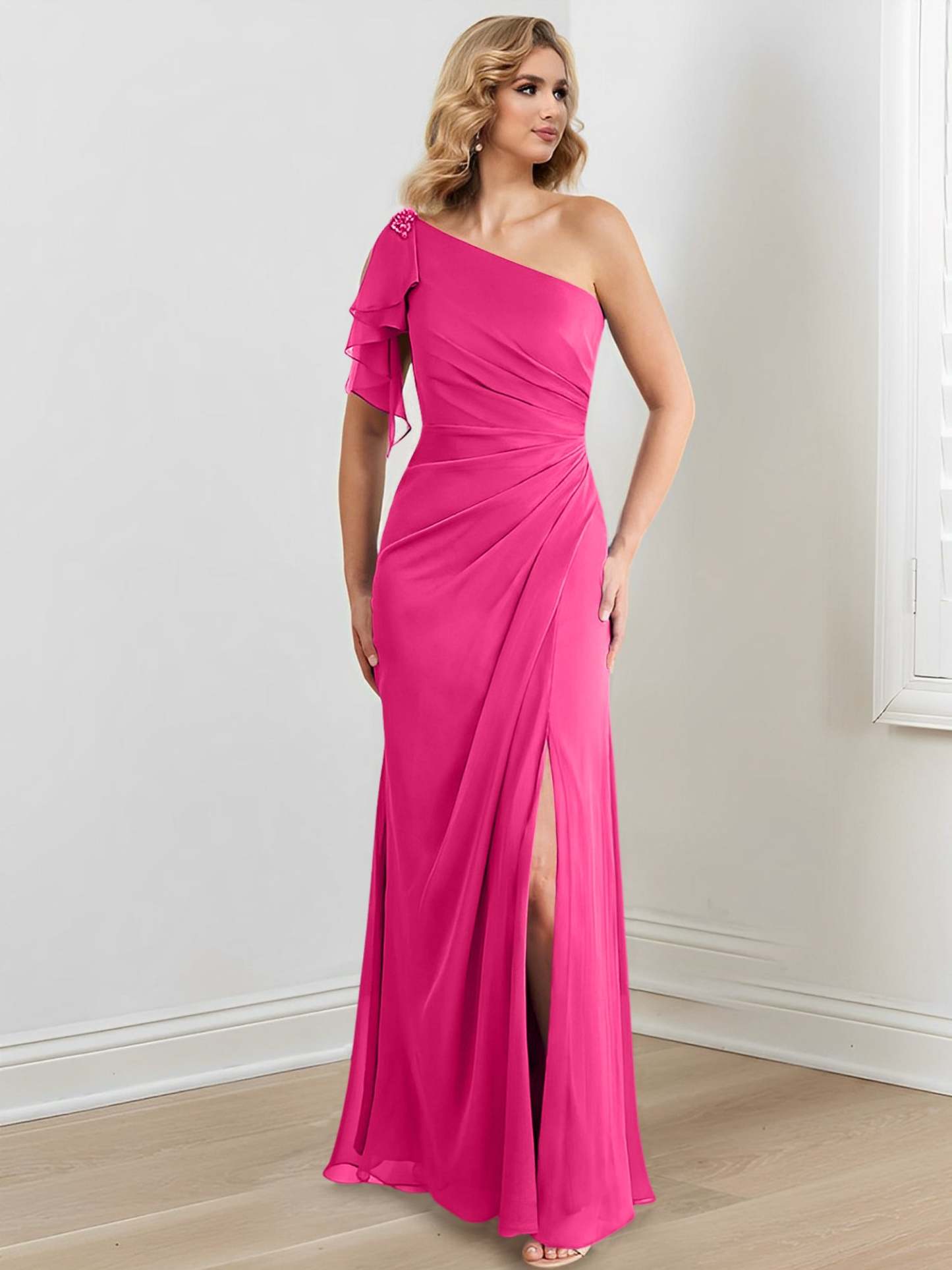 One-Shoulder Floor-Length Sheath/Column Gown for the Mother of the Bride