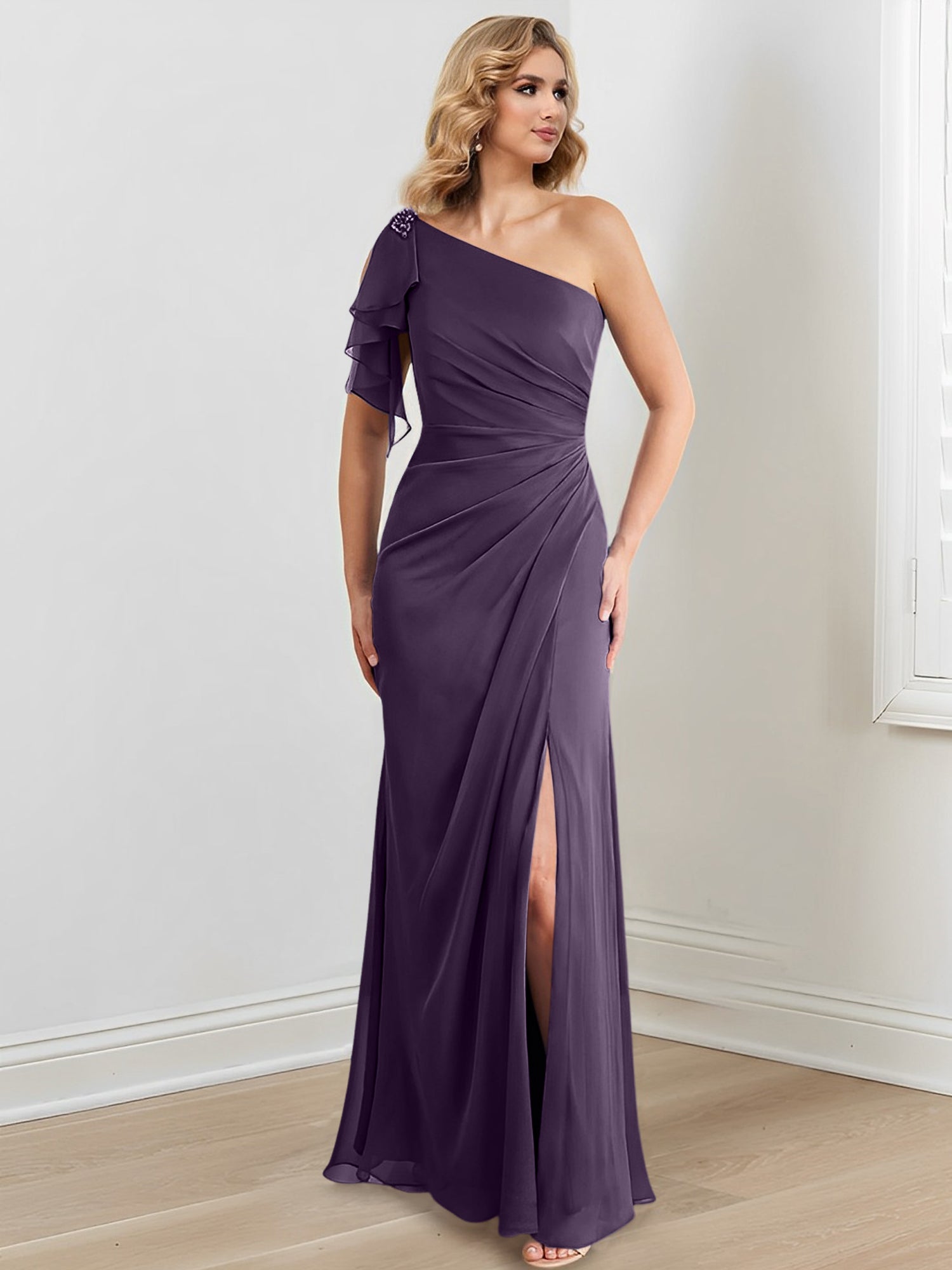 One-Shoulder Floor-Length Sheath/Column Gown for the Mother of the Bride