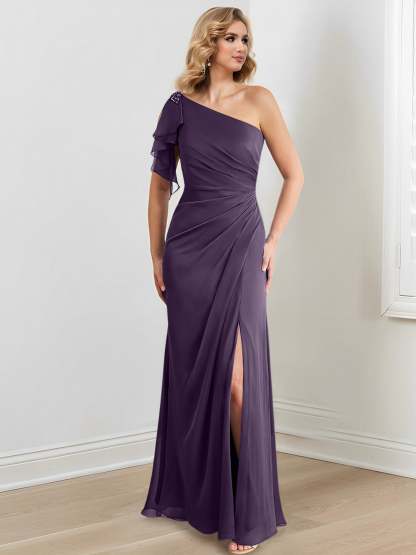 One-Shoulder Floor-Length Sheath/Column Gown for the Mother of the Bride