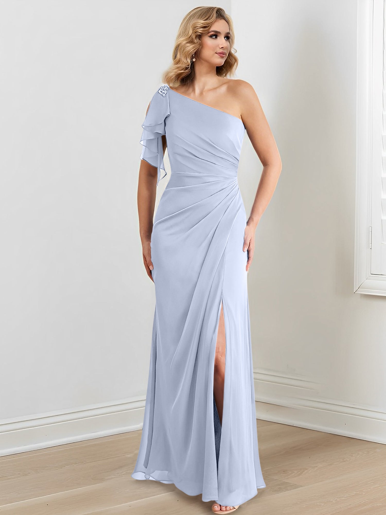 One-Shoulder Floor-Length Sheath/Column Gown for the Mother of the Bride