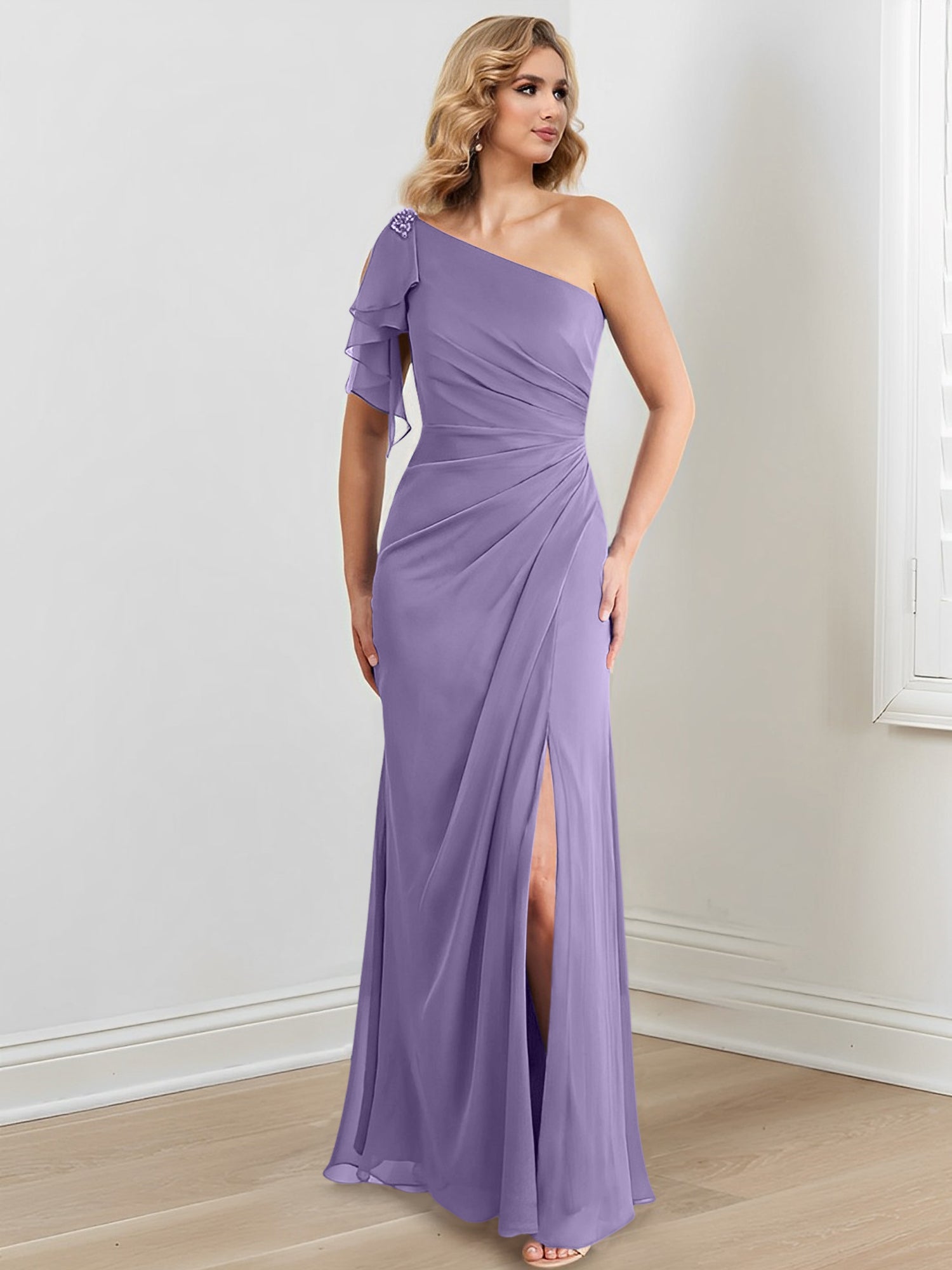 One-Shoulder Floor-Length Sheath/Column Gown for the Mother of the Bride