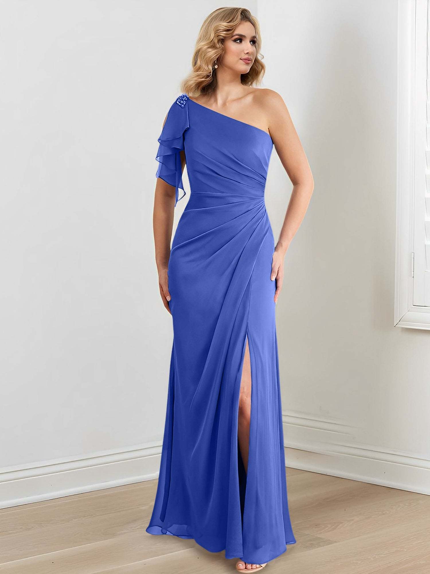 One-Shoulder Floor-Length Sheath/Column Gown for the Mother of the Bride