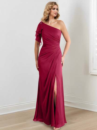 One-Shoulder Floor-Length Sheath/Column Gown for the Mother of the Bride