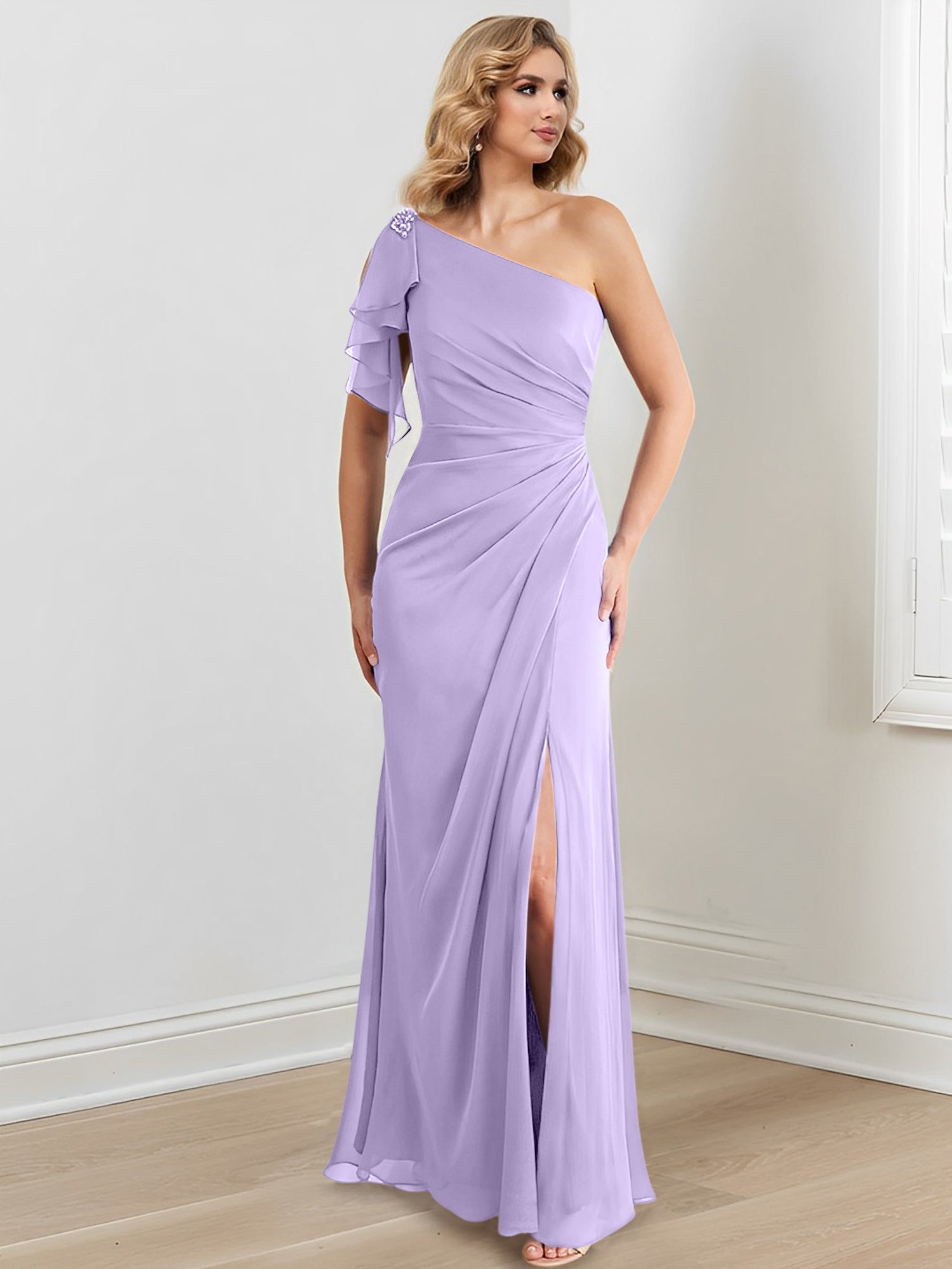One-Shoulder Floor-Length Sheath/Column Gown for the Mother of the Bride