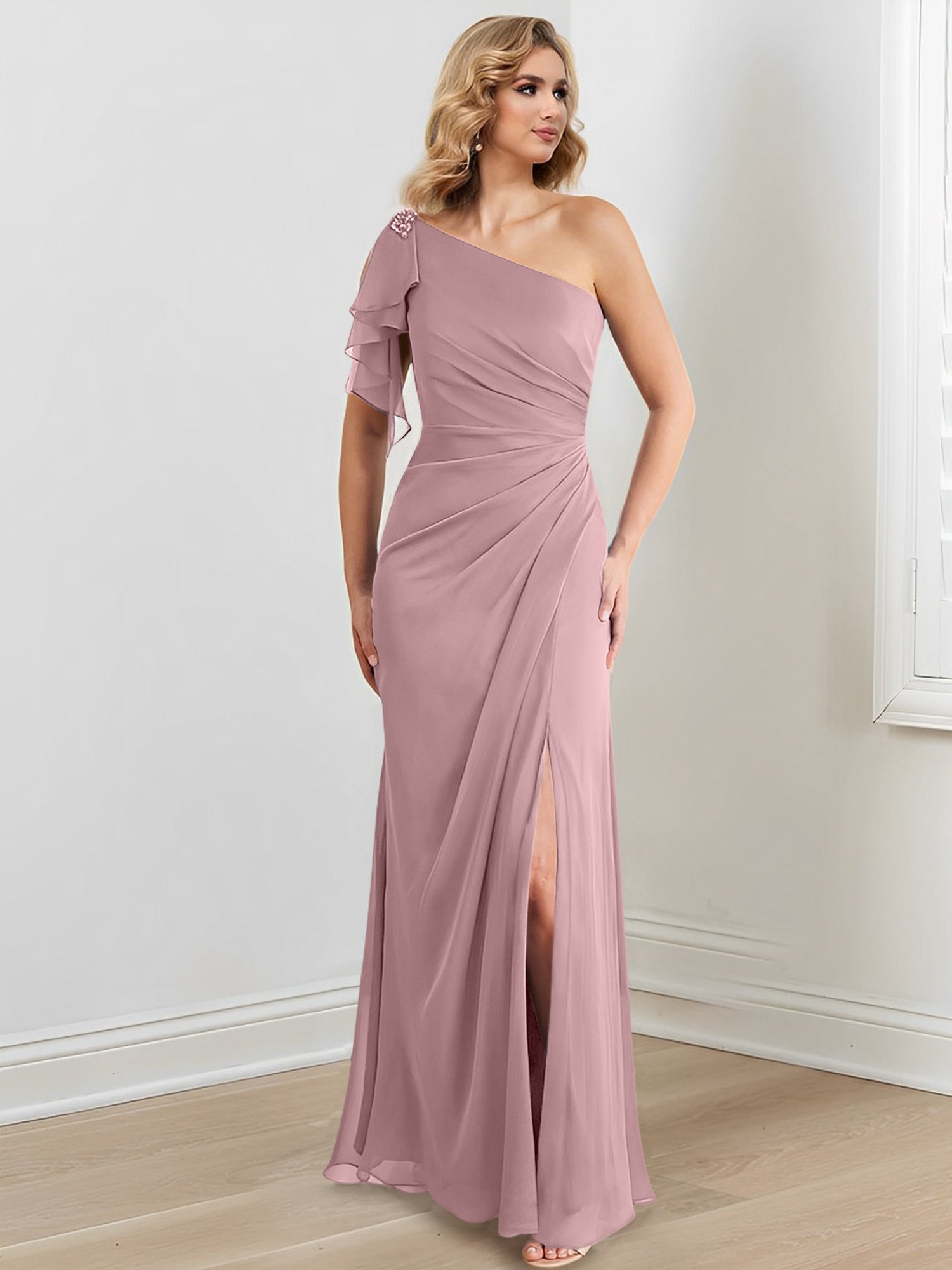 One-Shoulder Floor-Length Sheath/Column Gown for the Mother of the Bride