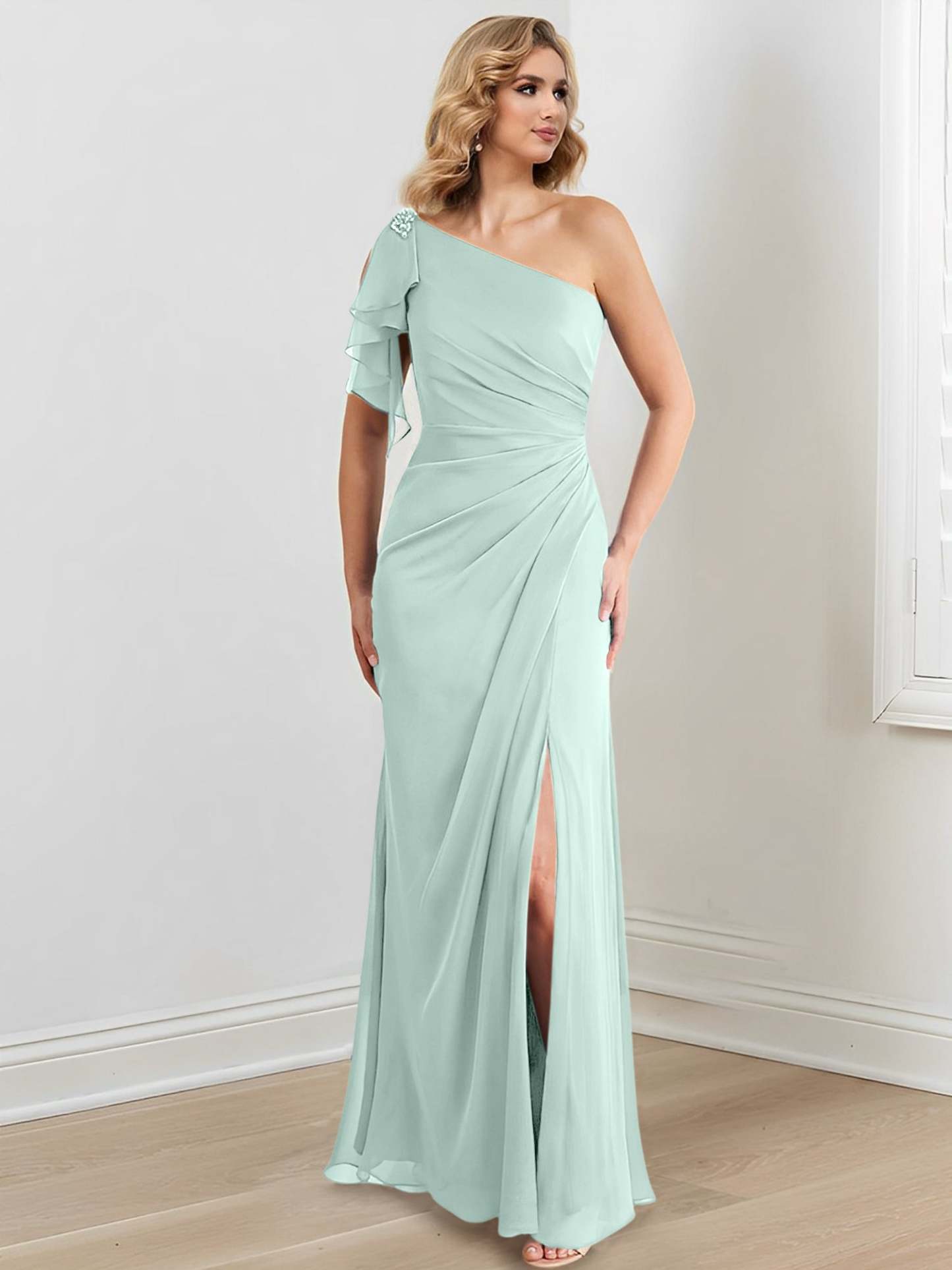 One-Shoulder Floor-Length Sheath/Column Gown for the Mother of the Bride