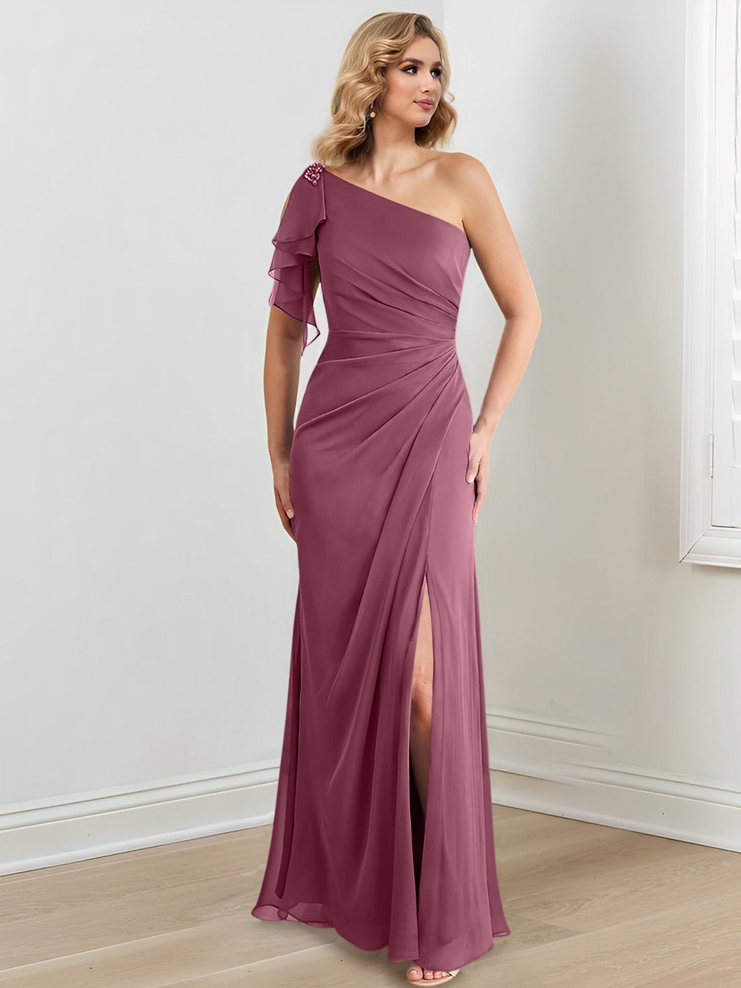 One-Shoulder Floor-Length Sheath/Column Gown for the Mother of the Bride