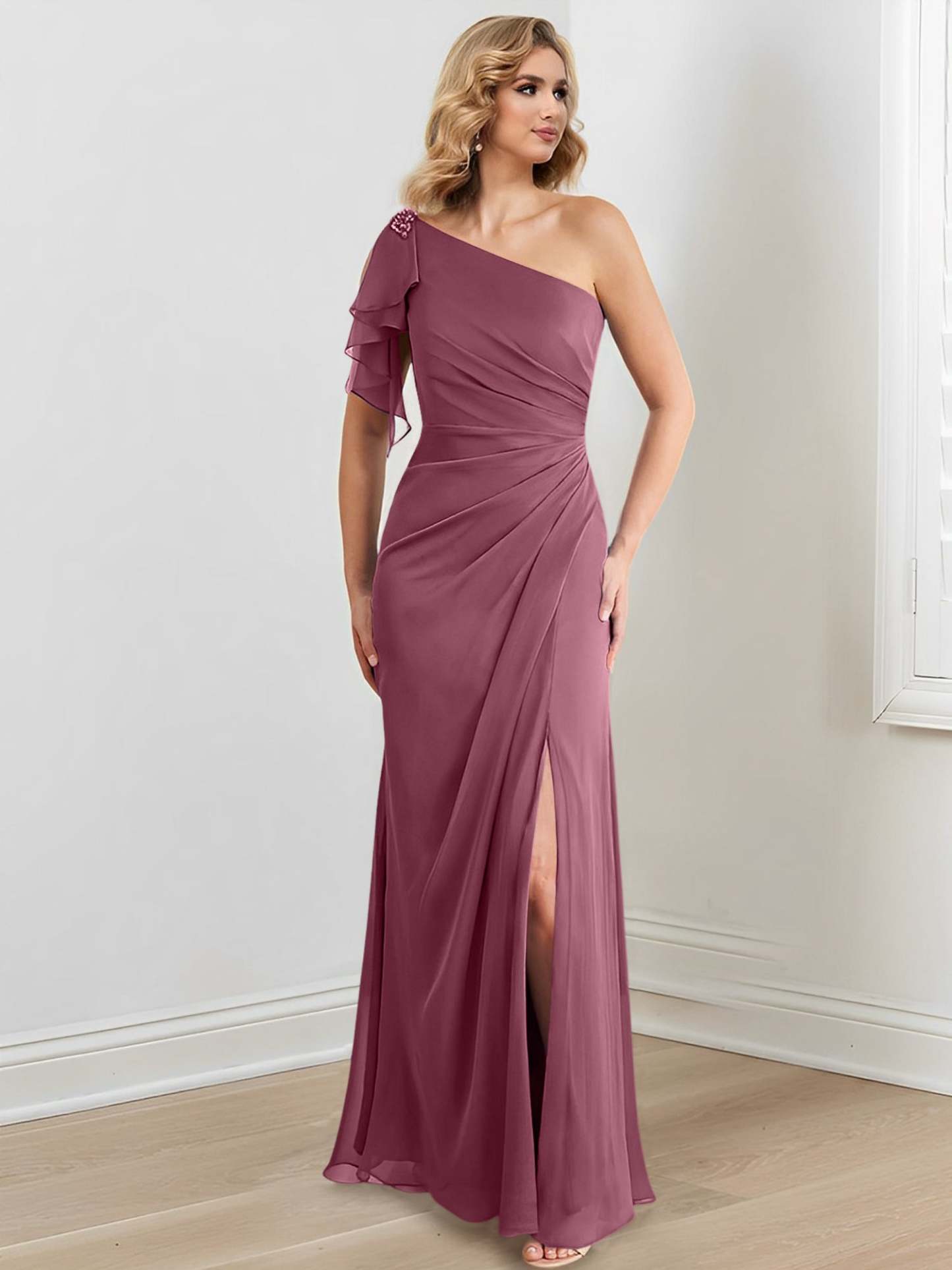 One-Shoulder Floor-Length Sheath/Column Gown for the Mother of the Bride