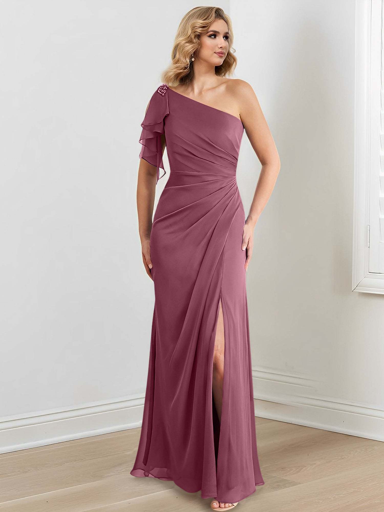 One-Shoulder Floor-Length Sheath/Column Gown for the Mother of the Bride