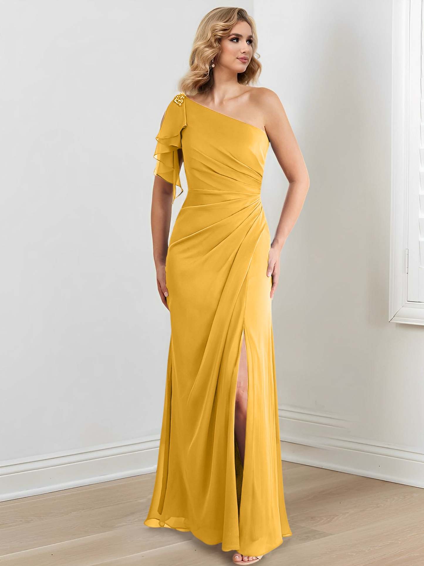 One-Shoulder Floor-Length Sheath/Column Gown for the Mother of the Bride