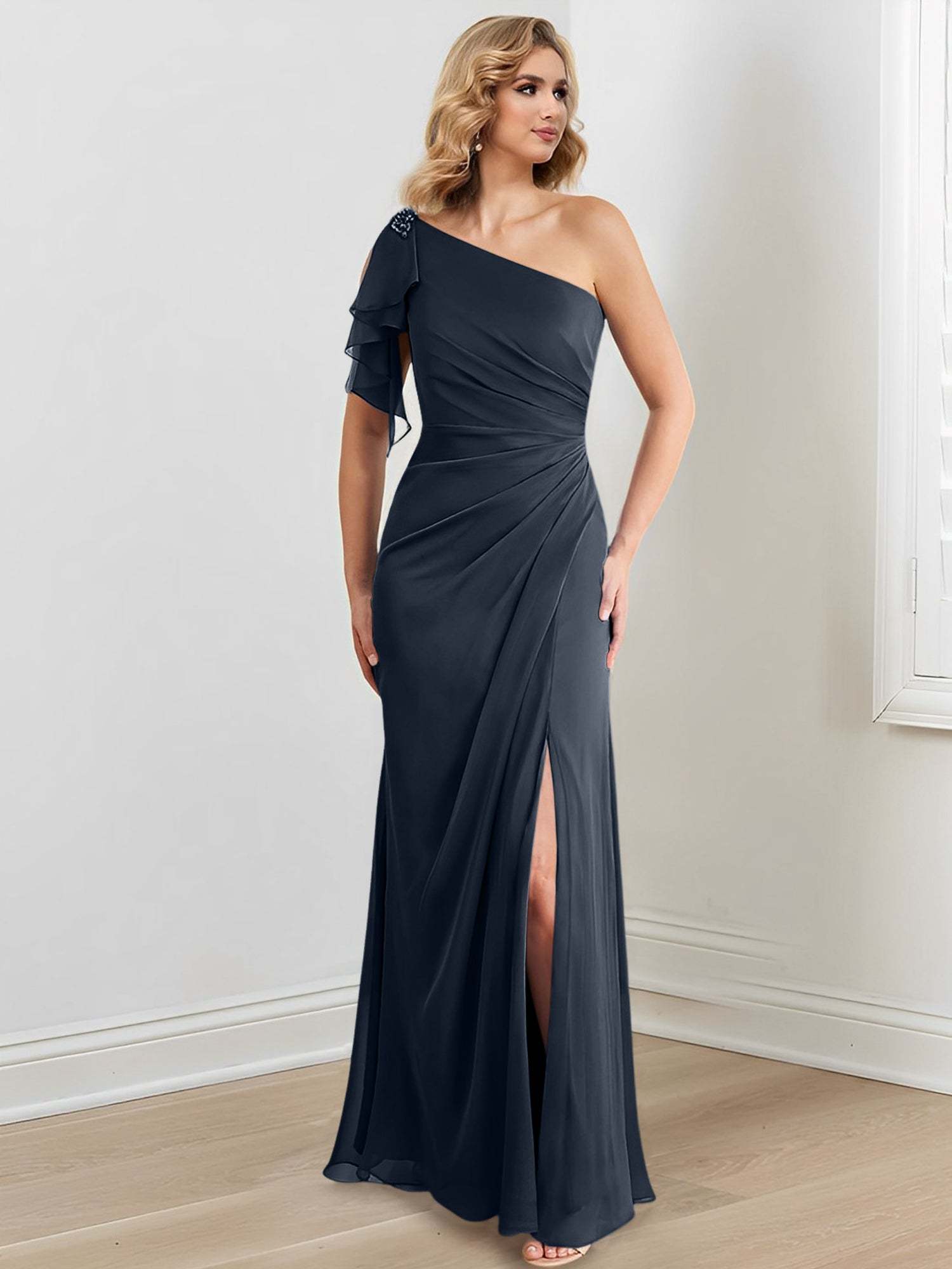 One-Shoulder Floor-Length Sheath/Column Gown for the Mother of the Bride