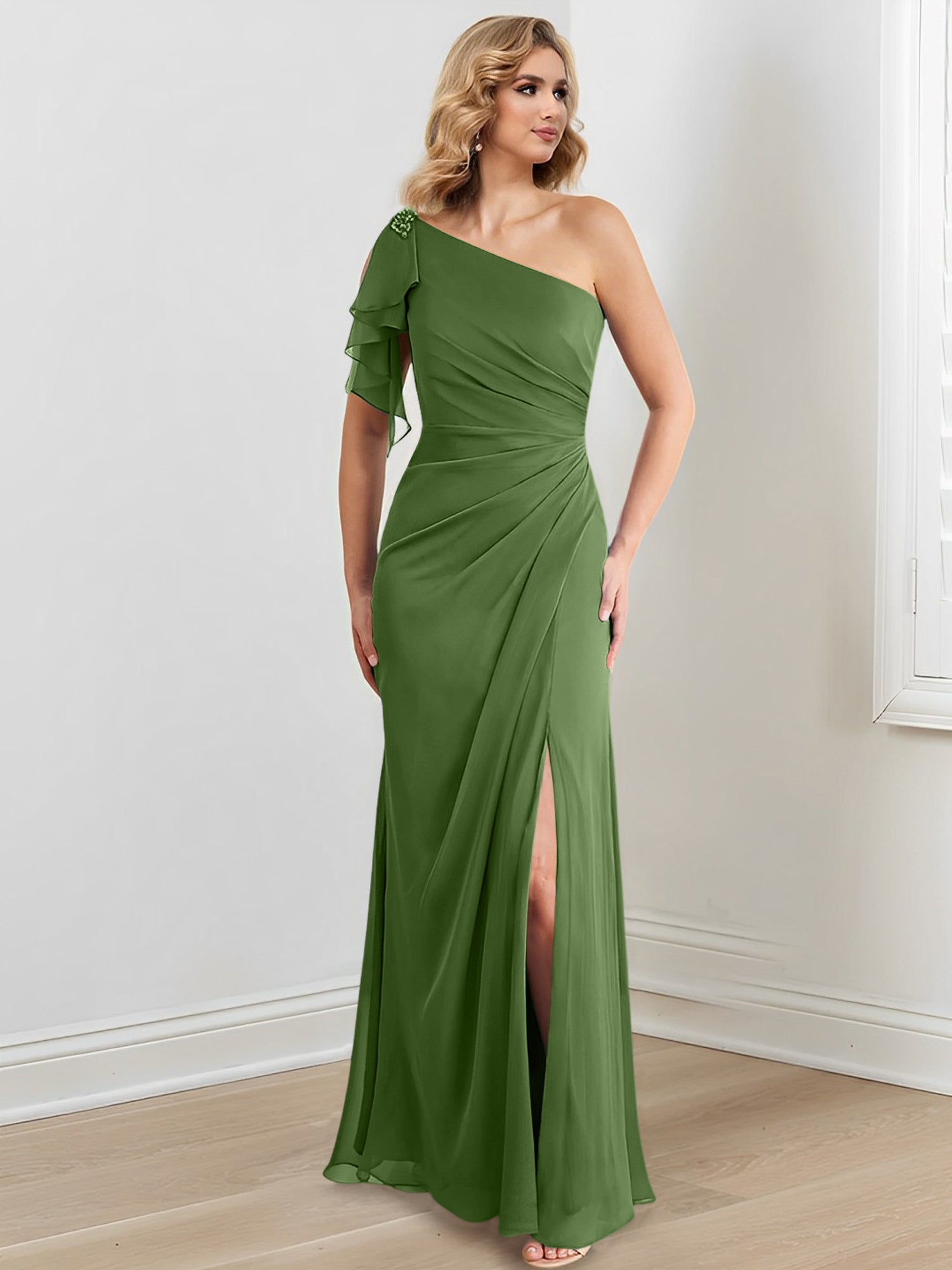 One-Shoulder Floor-Length Sheath/Column Gown for the Mother of the Bride