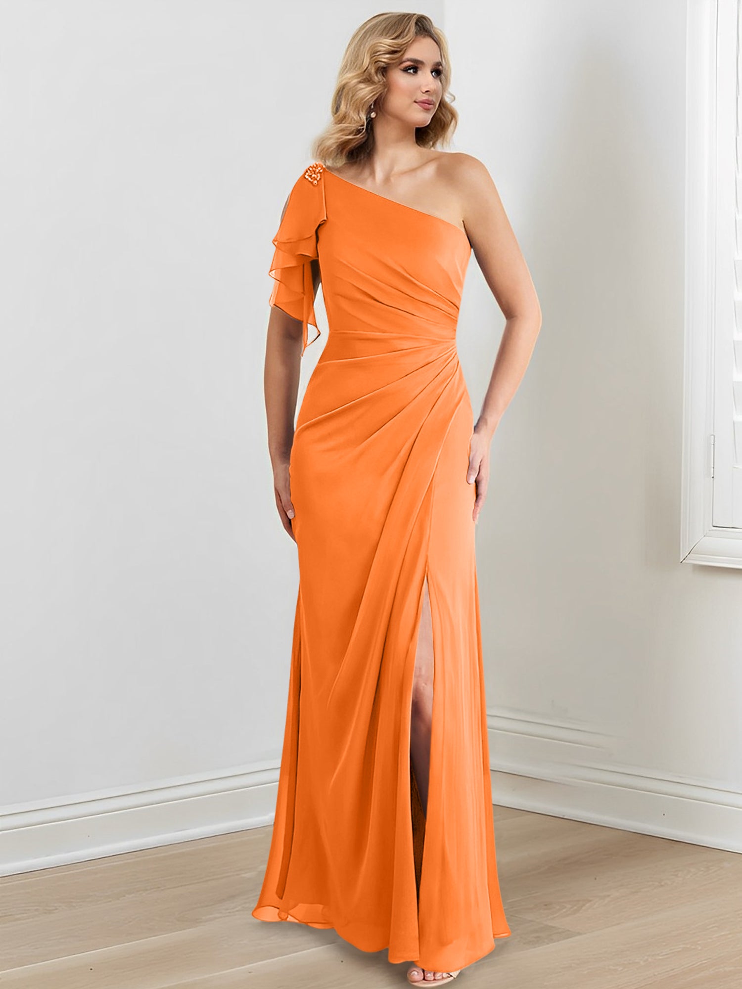 One-Shoulder Floor-Length Sheath/Column Gown for the Mother of the Bride