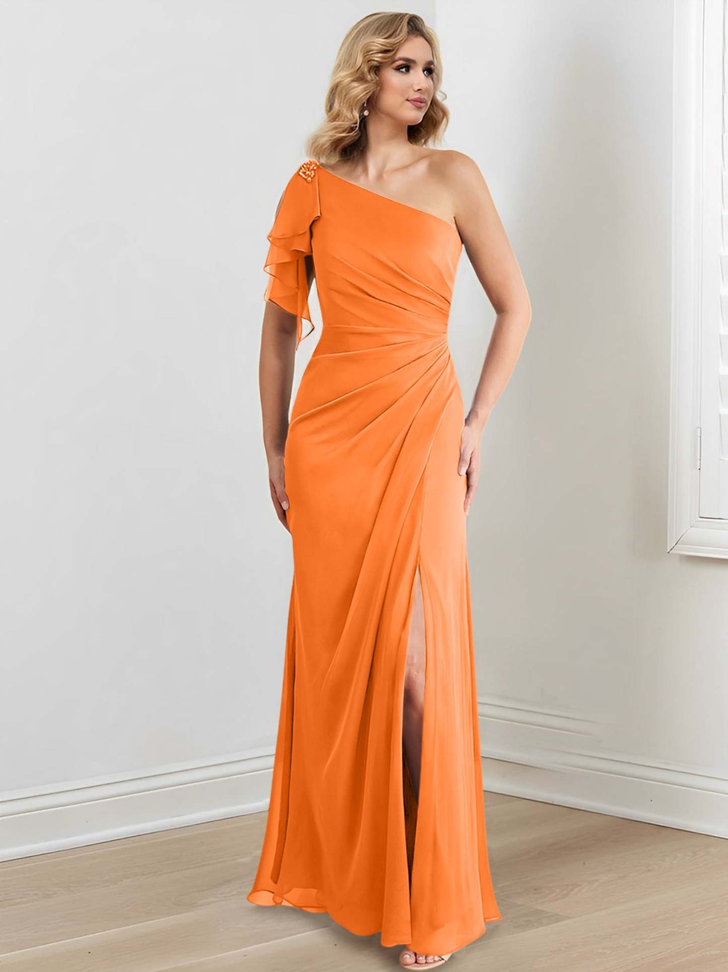 One-Shoulder Floor-Length Sheath/Column Gown for the Mother of the Bride