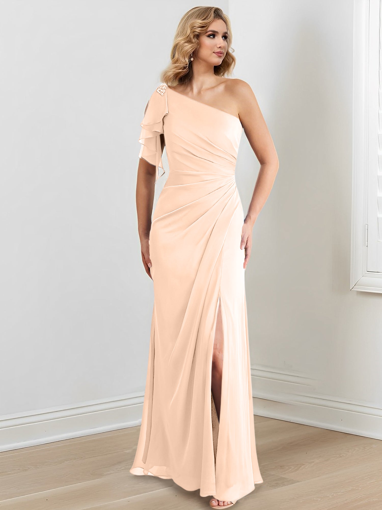 One-Shoulder Floor-Length Sheath/Column Gown for the Mother of the Bride