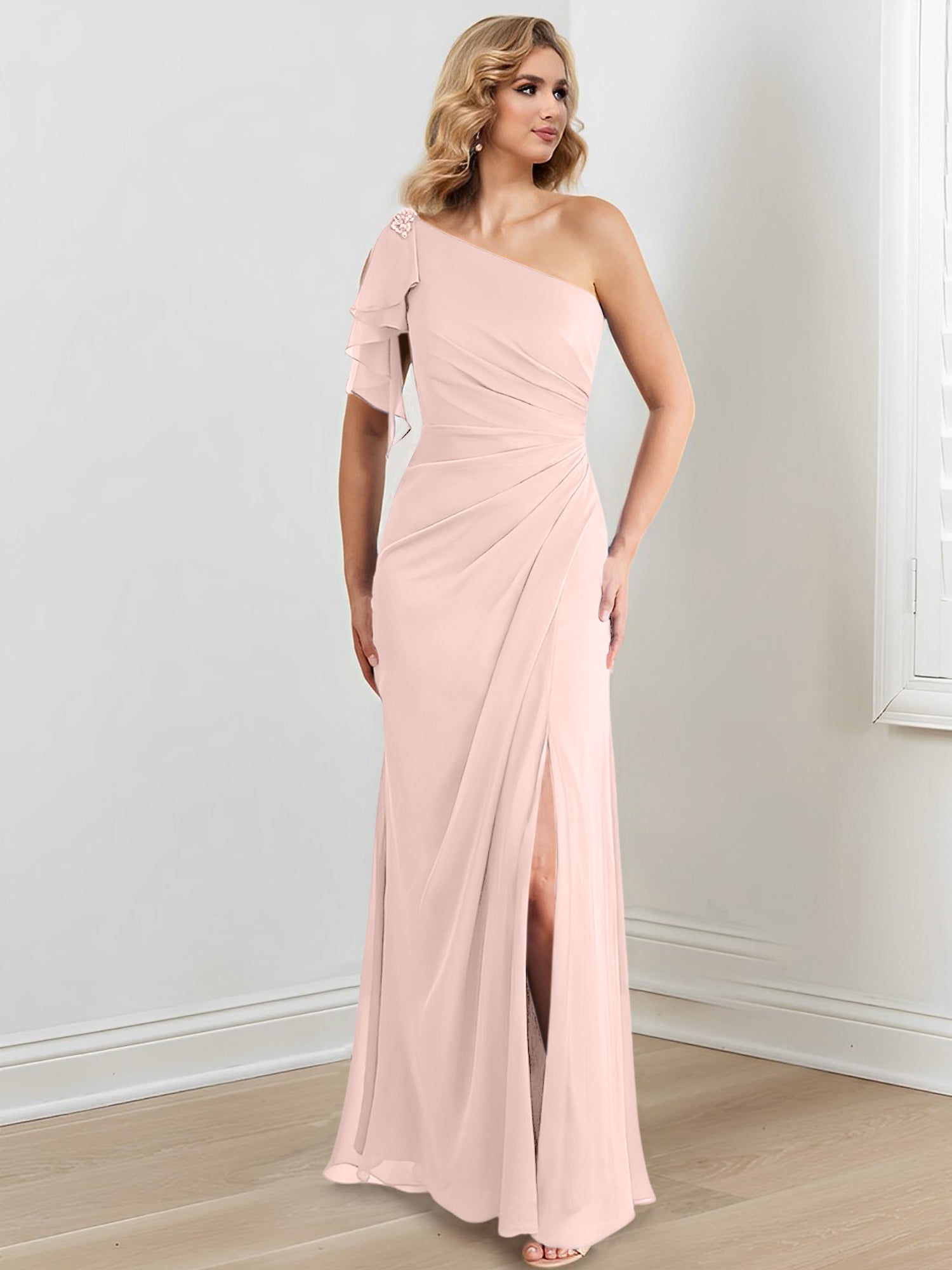 One-Shoulder Floor-Length Sheath/Column Gown for the Mother of the Bride