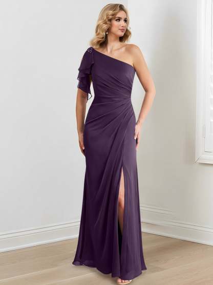 One-Shoulder Floor-Length Sheath/Column Gown for the Mother of the Bride