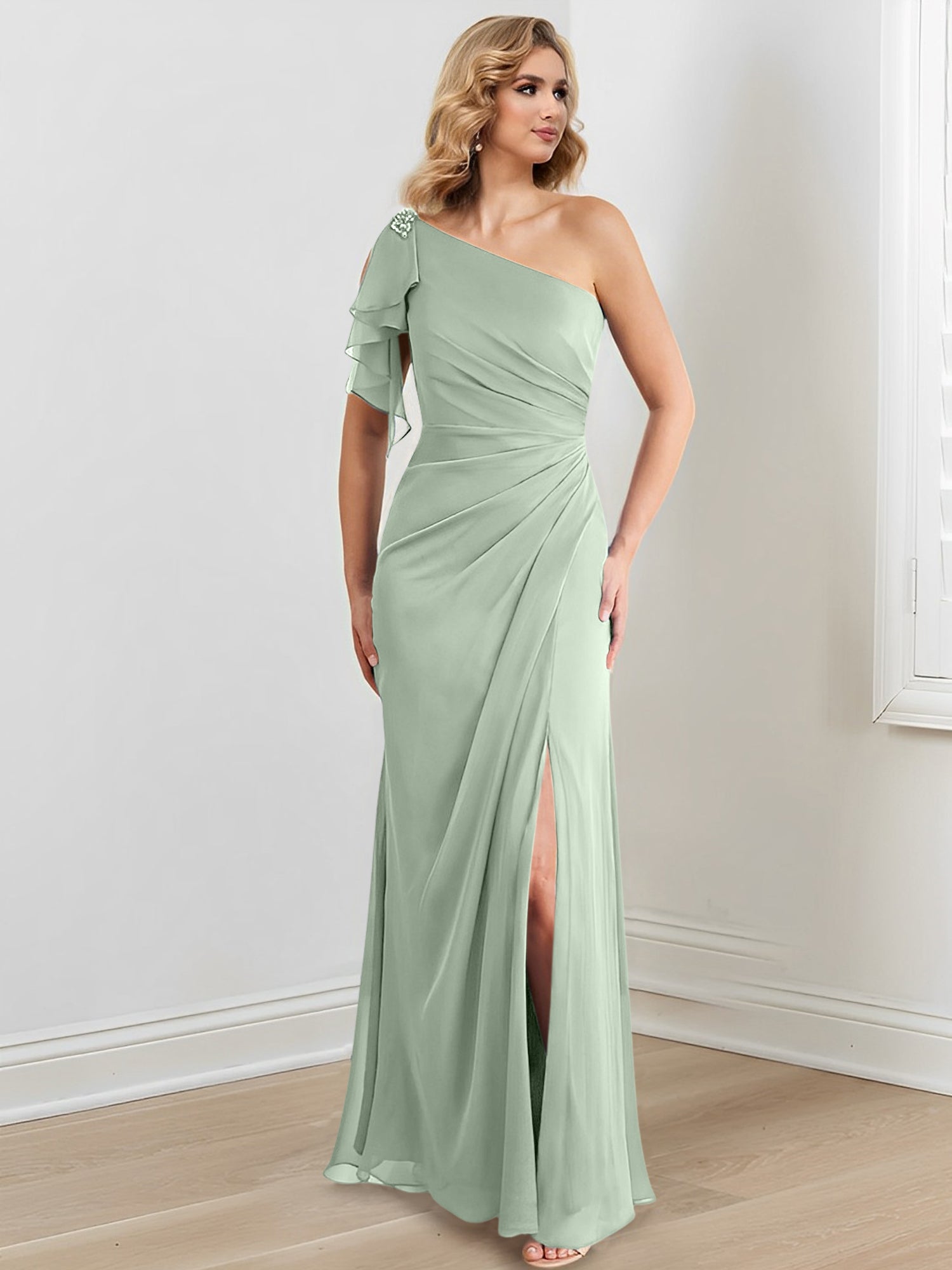 One-Shoulder Floor-Length Sheath/Column Gown for the Mother of the Bride