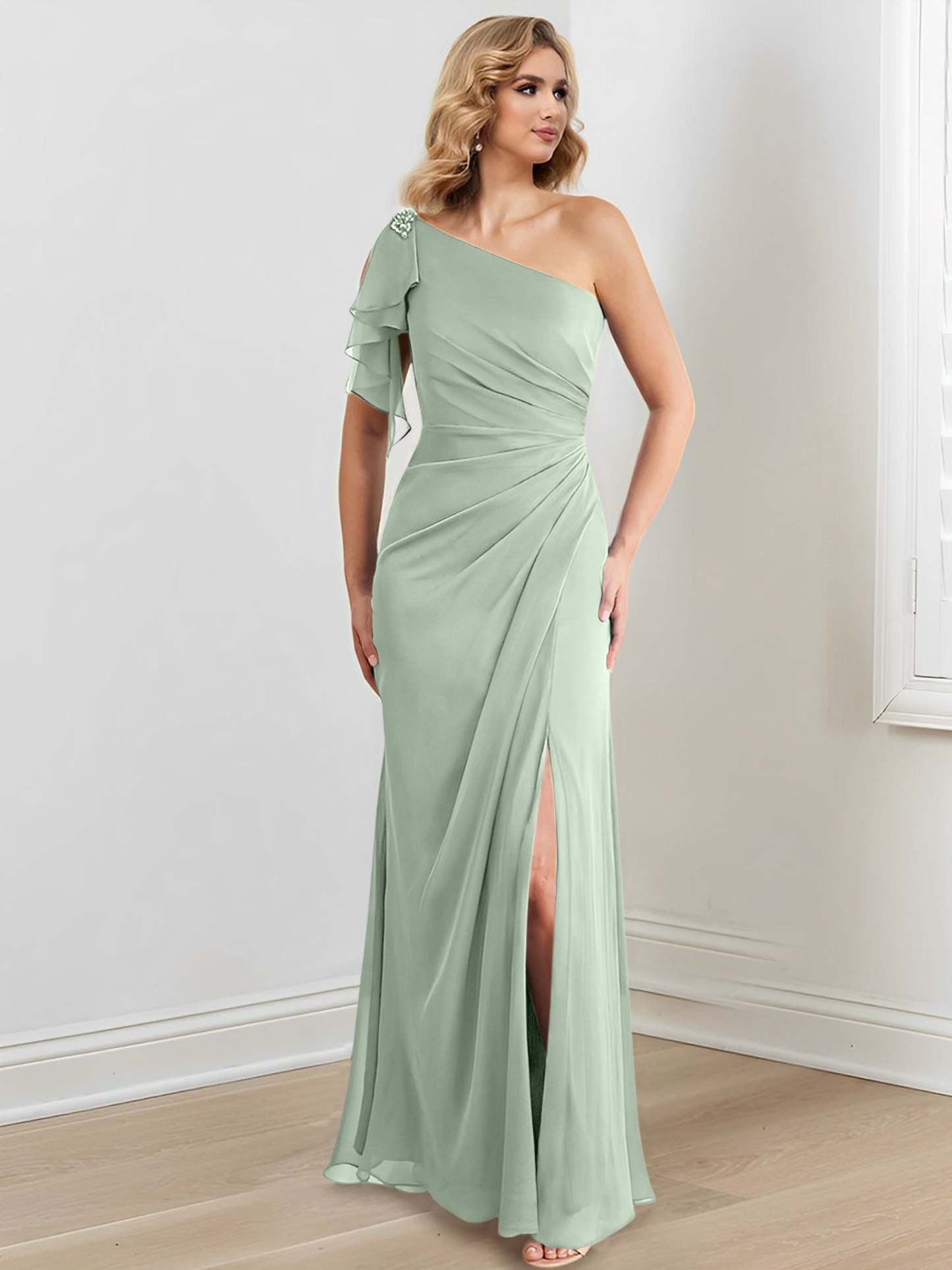 One-Shoulder Floor-Length Sheath/Column Gown for the Mother of the Bride