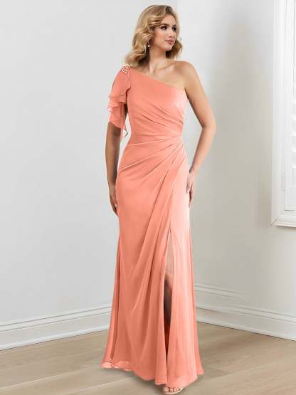 One-Shoulder Floor-Length Sheath/Column Gown for the Mother of the Bride