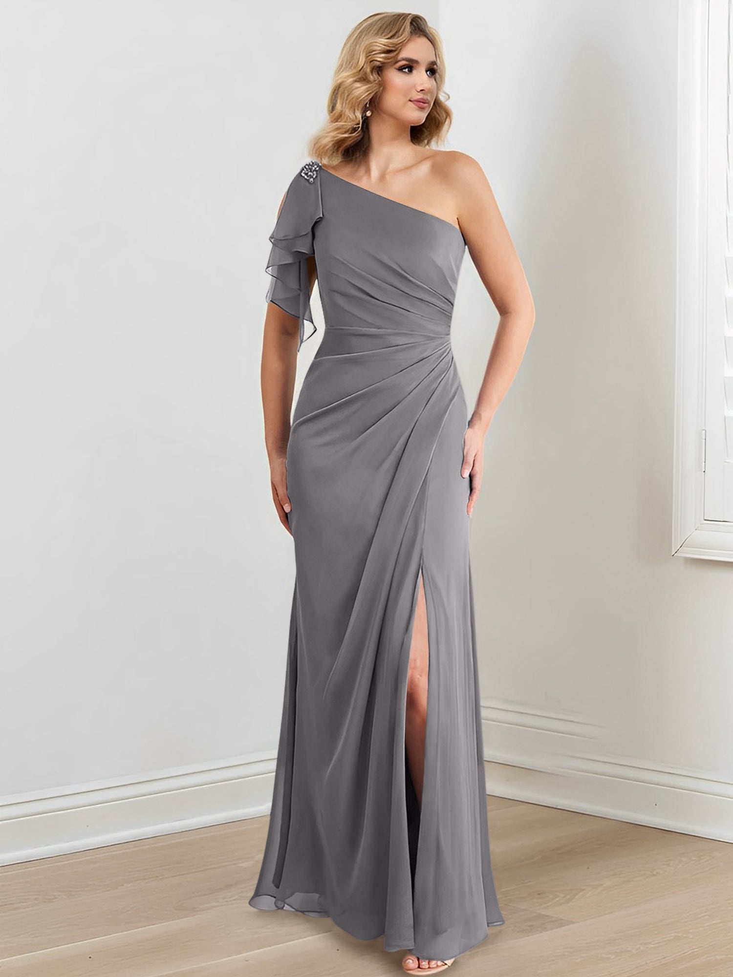 One-Shoulder Floor-Length Sheath/Column Gown for the Mother of the Bride