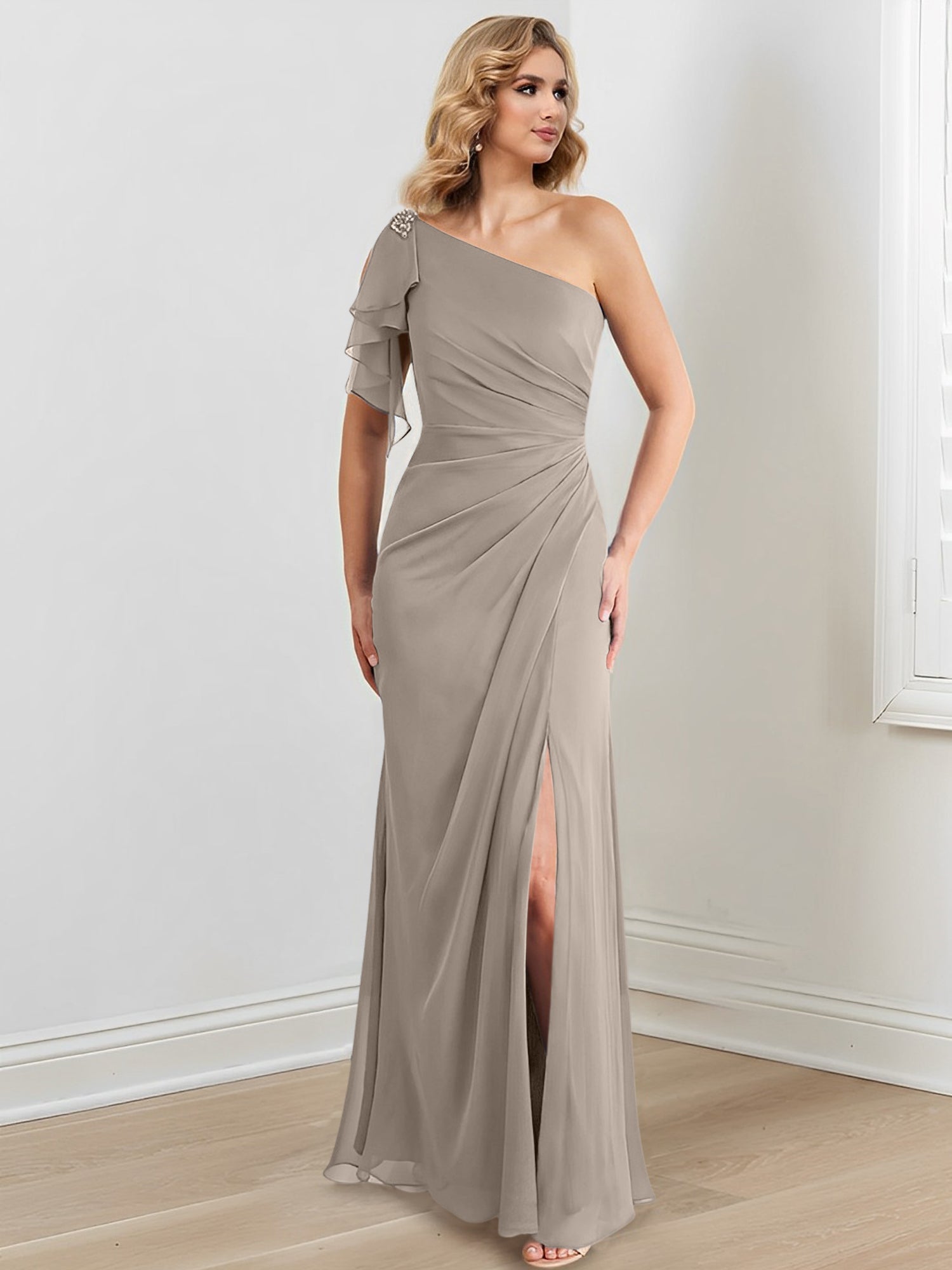One-Shoulder Floor-Length Sheath/Column Gown for the Mother of the Bride