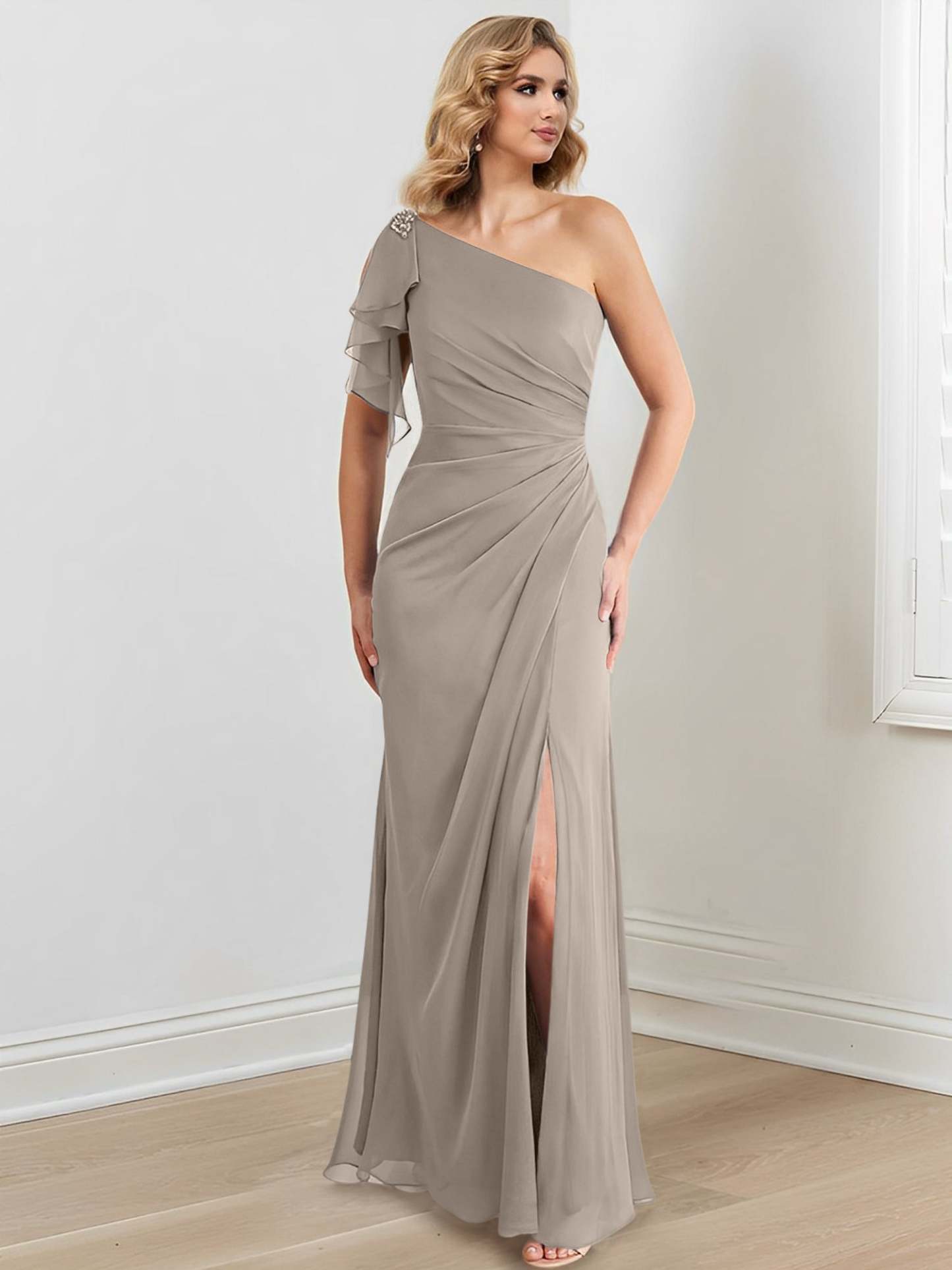 One-Shoulder Floor-Length Sheath/Column Gown for the Mother of the Bride