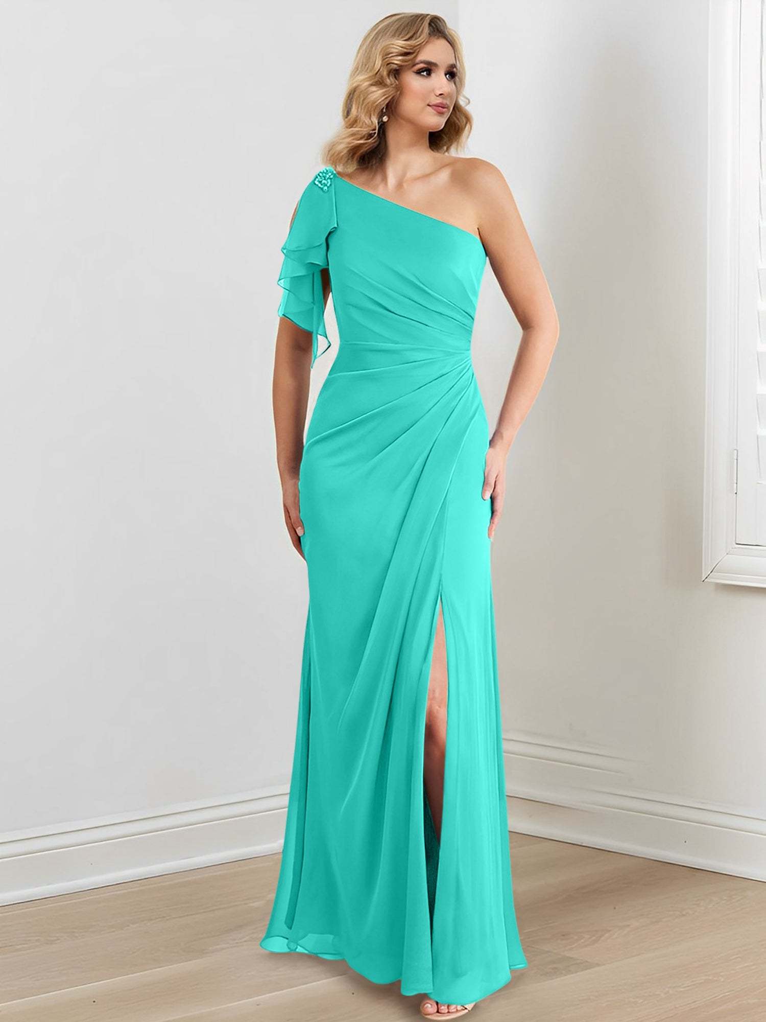 One-Shoulder Floor-Length Sheath/Column Gown for the Mother of the Bride